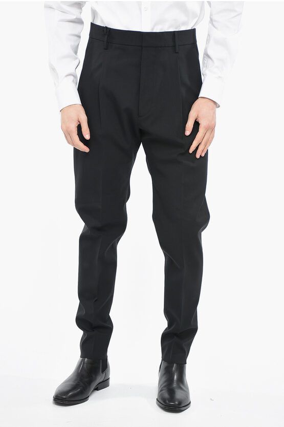 image of Dsquared2 Wool 1 Pleat Aviator Trousers With Front Pleat in Black, Men's (Size 32)