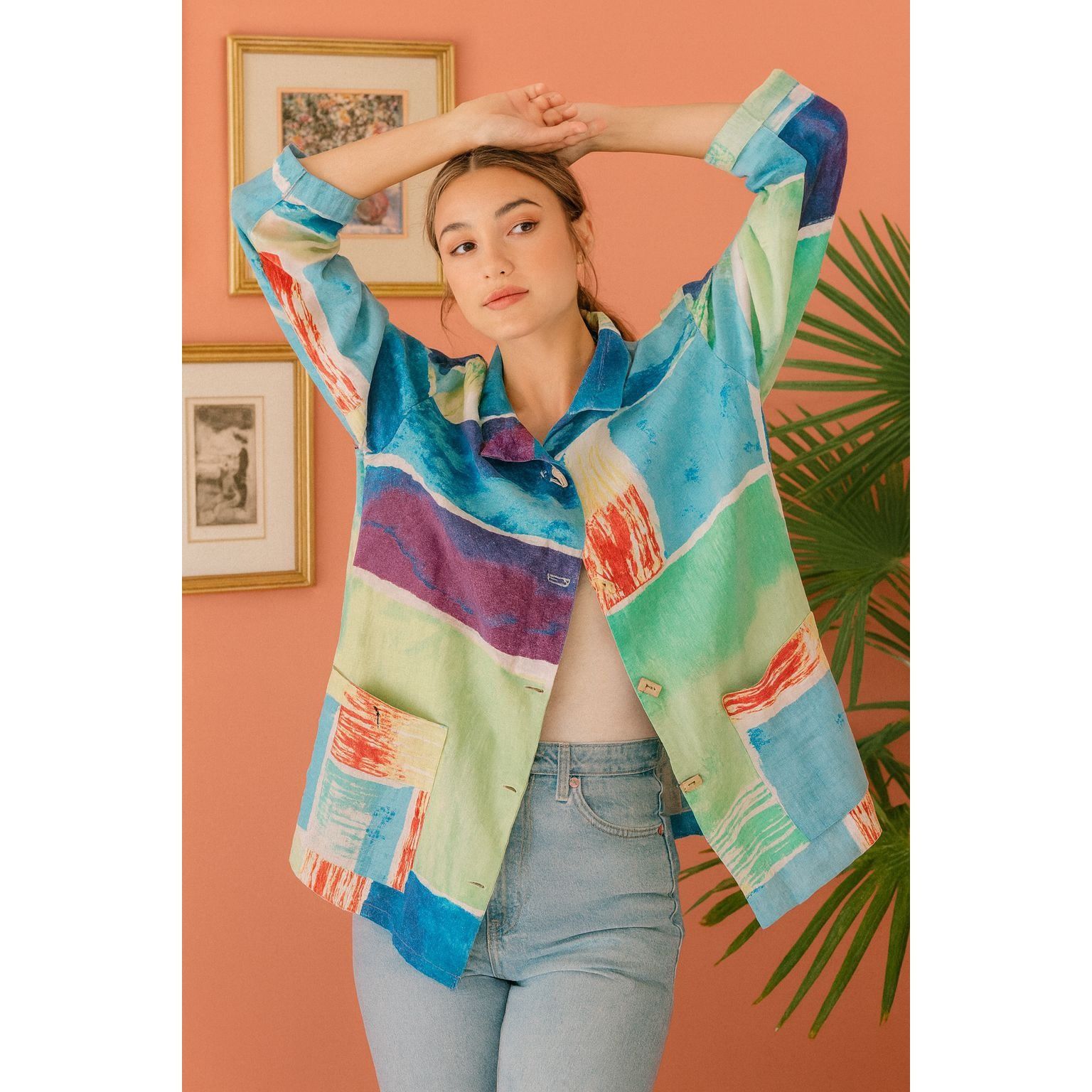 Other Ali Miles Linen Blend Abstract Colorblock Jacket Top Womens Size M / US 6-8 / IT 42-44 - 1 Thumbnail