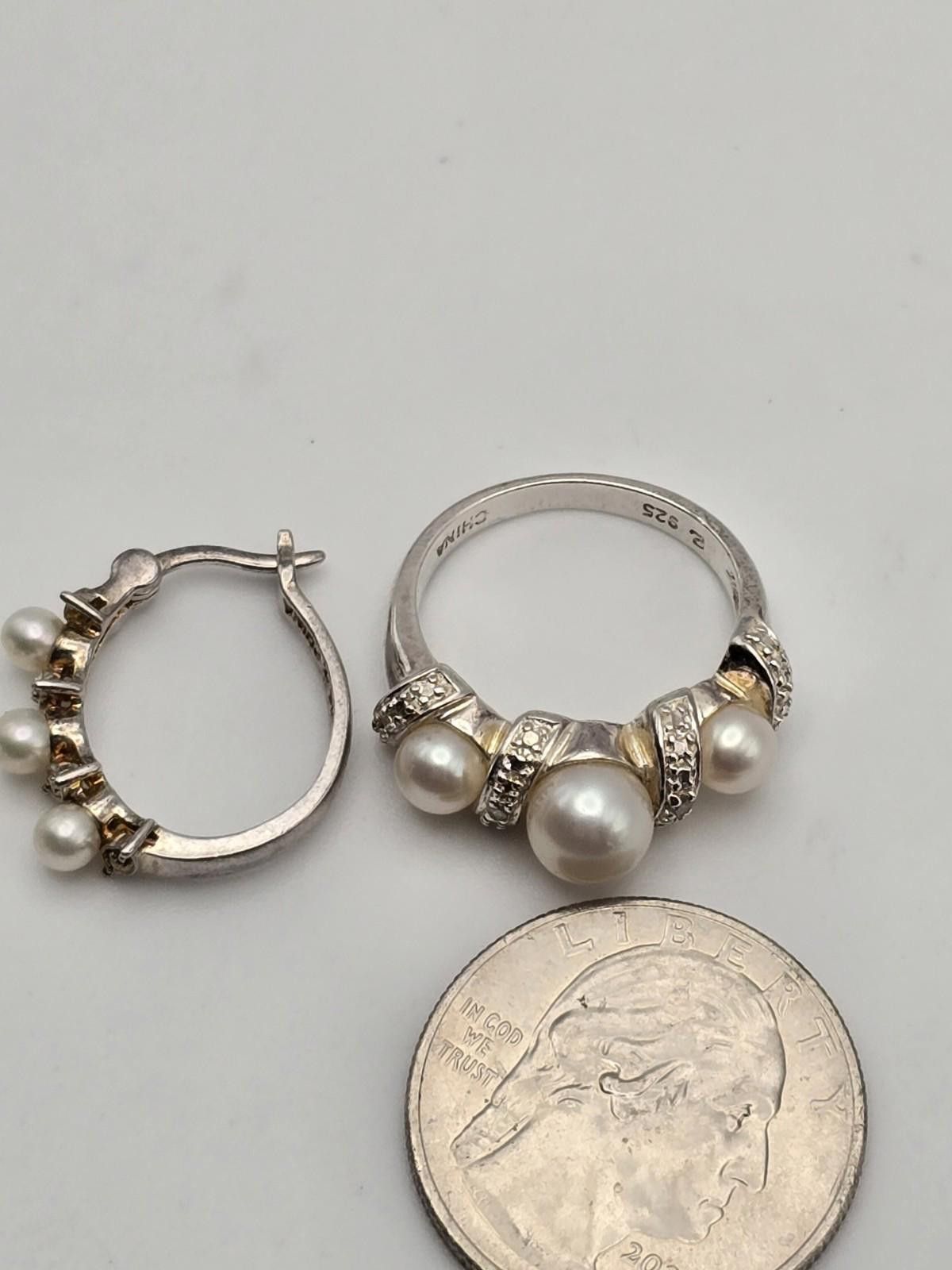 The Unbranded Brand Sterling Silver Ring Hoop Earrings Set with Real Pearls 6.75 Size ONE SIZE - 9 Thumbnail