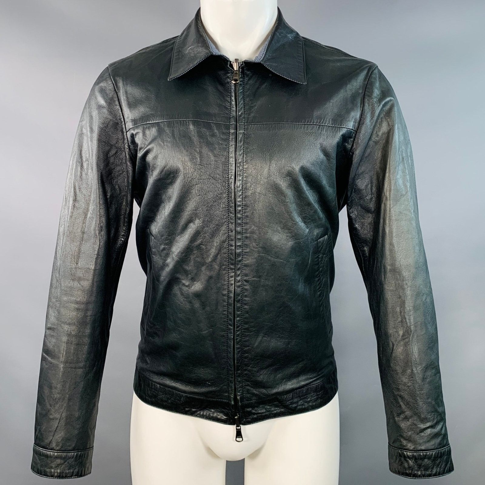 Isaia Black Blue White Reversible Zip Up Lambskin Leather Jacket Size US M / EU 48-50 / 2 - 1 Thumbnail
