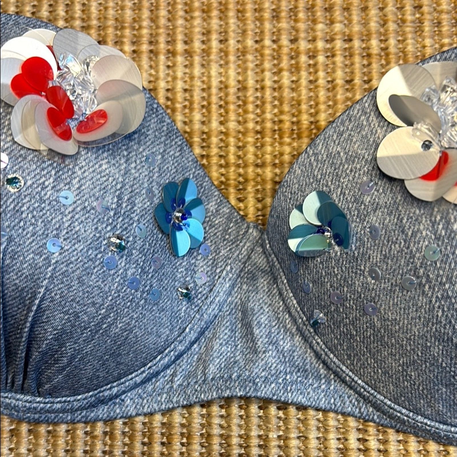 Blumarine NWT Blumarine Blue denim flowers beads Bikini Size L Size ONE SIZE - 5 Thumbnail