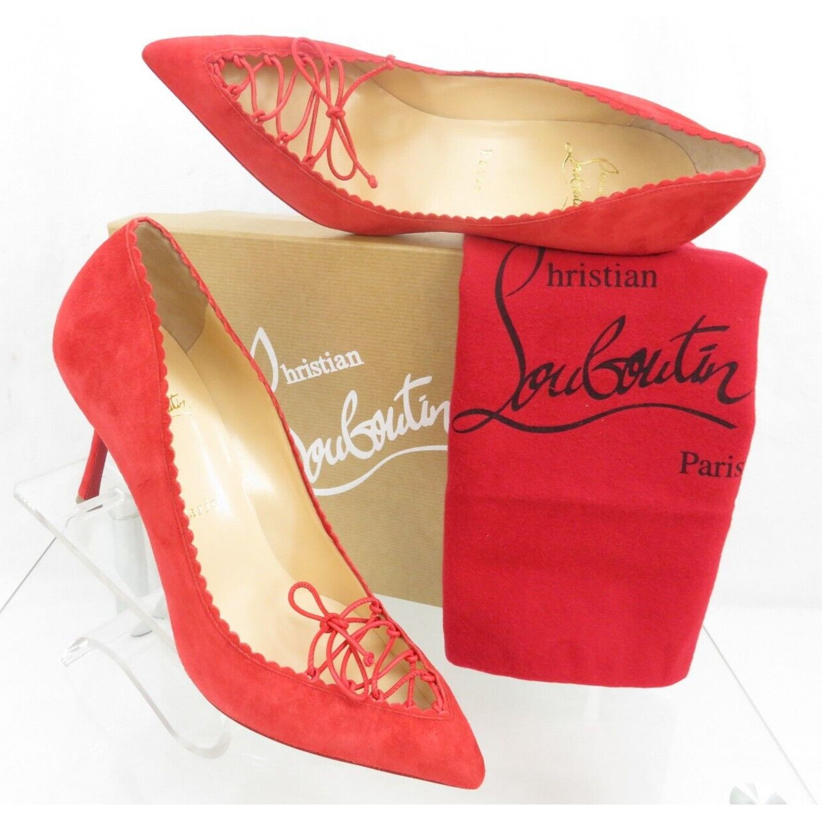 Christian Louboutin SCALOPUMP 85 RED SUEDE LEATHER LACE TIE POINTED TOE PUMPS 40 Size US 10 / IT 40 - 12 Thumbnail