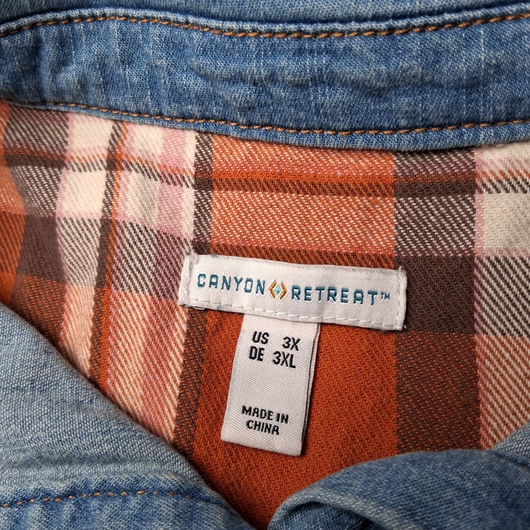 Denime Canyon Retreat Button-Up Denim Shirt Plaid Chambray Blue 3X Women Casual Distressed Look Size XXL / US 16-18 / IT 52-54 - 7 Thumbnail