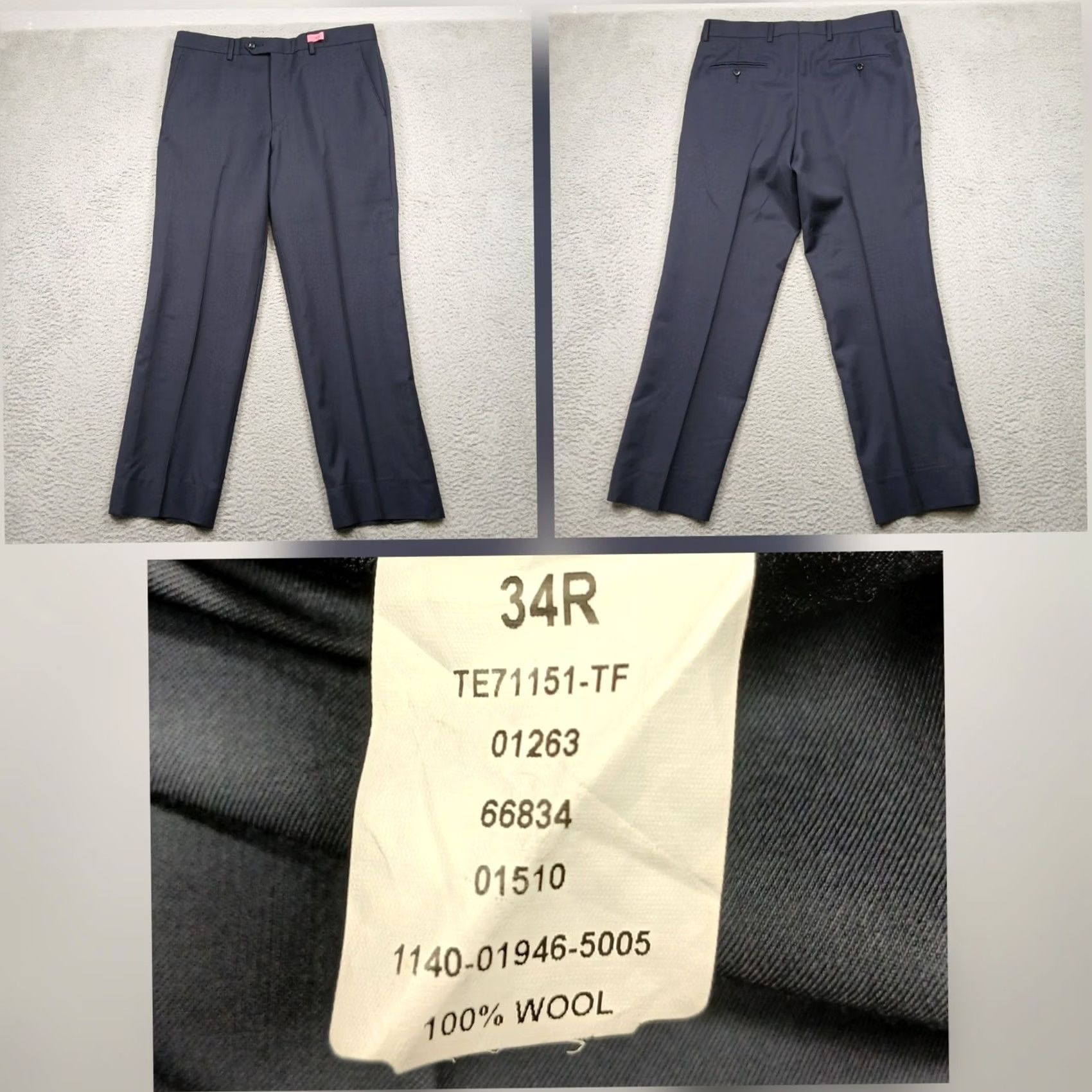 Vintage VINTAGE? No. 100% Wool Dress Pants Men 34R Navy Blue Flat Front Suit Pants Gray 34 Regular Wool Trousers Formal Wear Pockets Mens Dress Pants Size 34R - 2 Thumbnail
