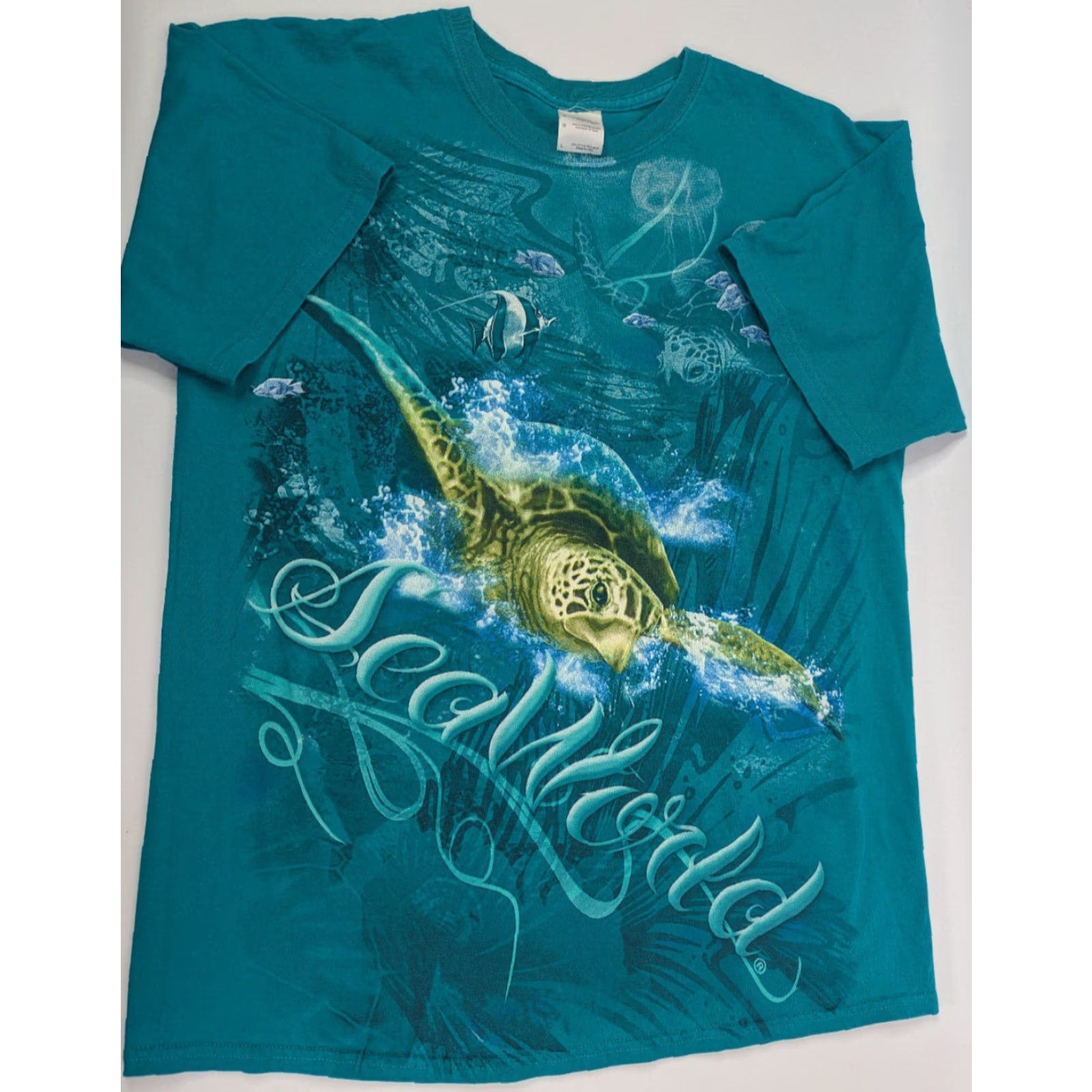 Gildan VINTAGE Sea World Sea Turtles T-Shirt Gildan Mens Teal Large Crew Neck Short Sleeve Tropical Ocean Tee Size US L / EU 52-54 / 3 - 2 Thumbnail