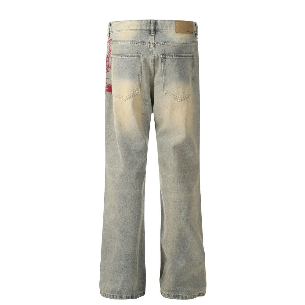 Vintage Retro embroidered chain straight washed distressed jeans Size US 32 / EU 48 - 2 Thumbnail