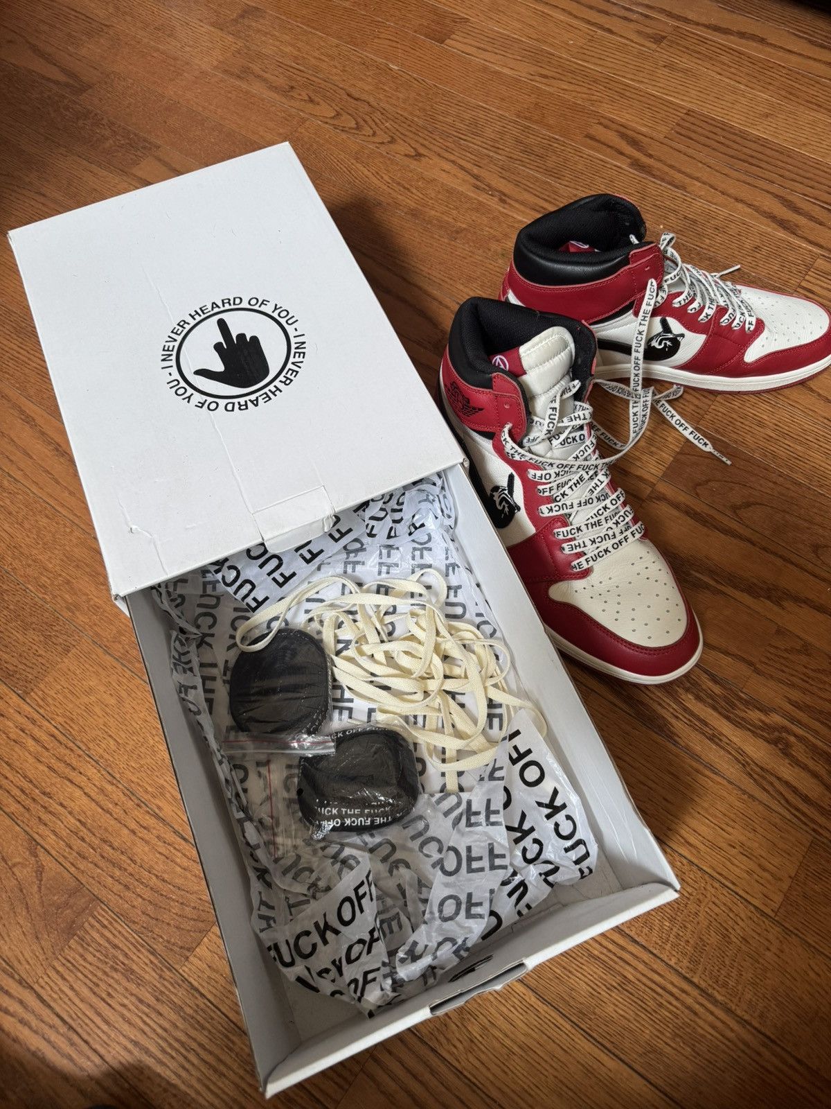 ineverheardofyou Ineverheardofyou Fuck Off Jordan 1s (Red/Black/White) Size US 11 / EU 44 - 5 Thumbnail