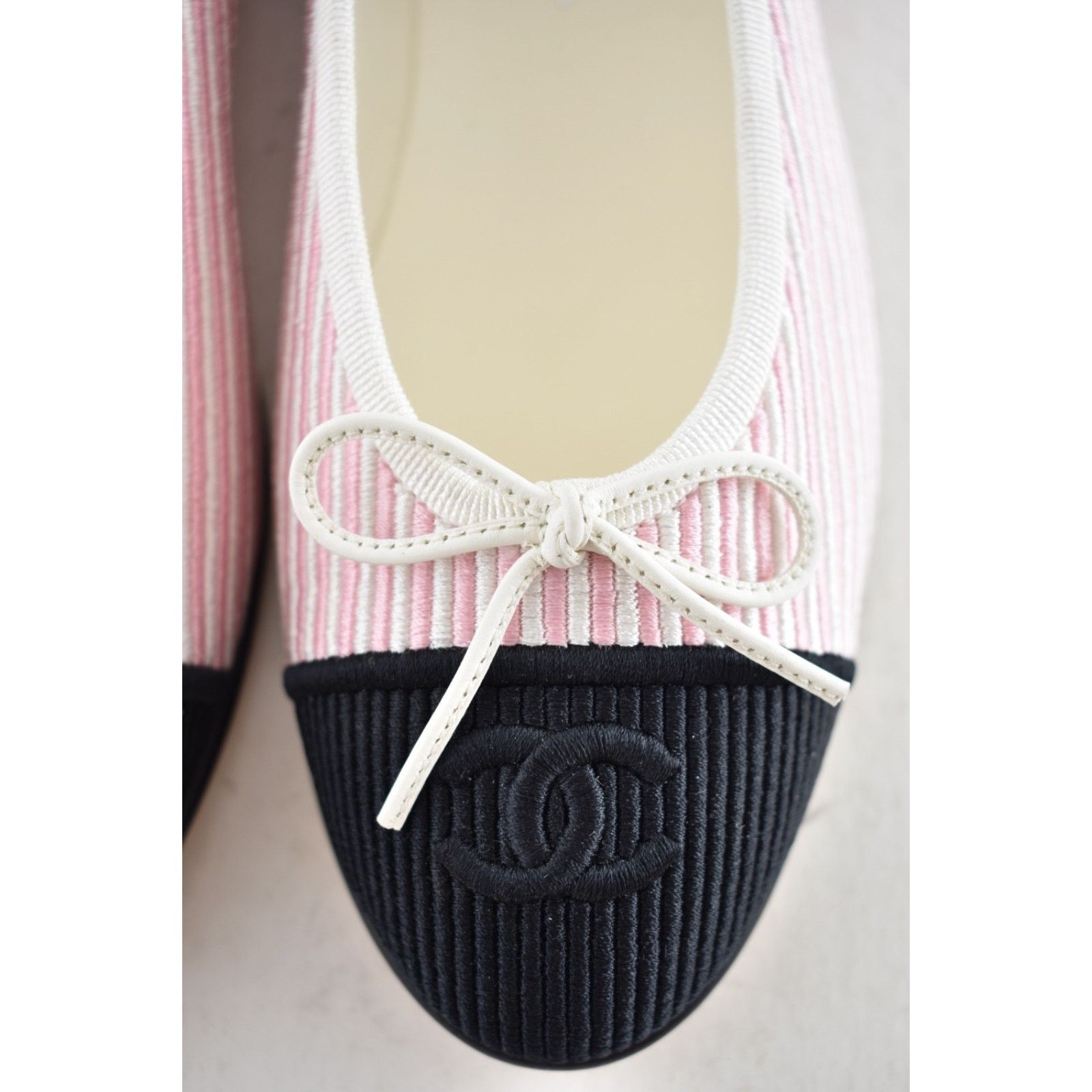 Chanel Chanel 24S Pink White Black Pinstripe Stripe CC Logo Ballet Size US 7 / IT 37 - 9 Thumbnail