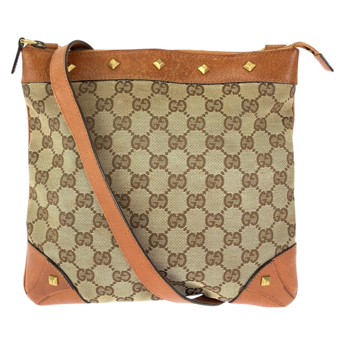Gucci Gucci Gucci GG Canvas Leather Studs Brown Camel Gold Hardware Crossbody Bag Canvas Crossbody Bag 120893 in Very Good Condition Size ONE SIZE - 1 Thumbnail
