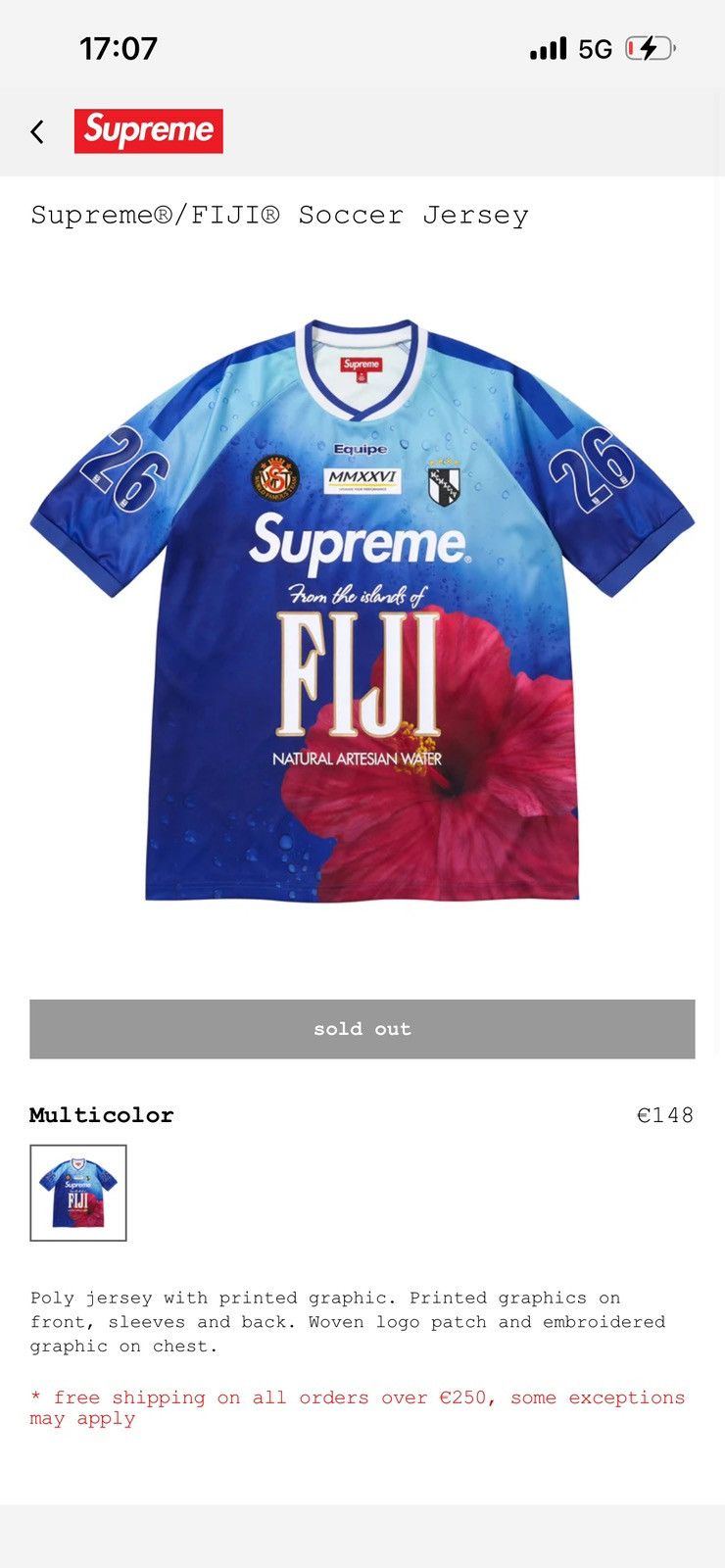 Supreme Supreme®/FIJI® Soccer Jersey Size US L / EU 52-54 / 3 - 3 Thumbnail