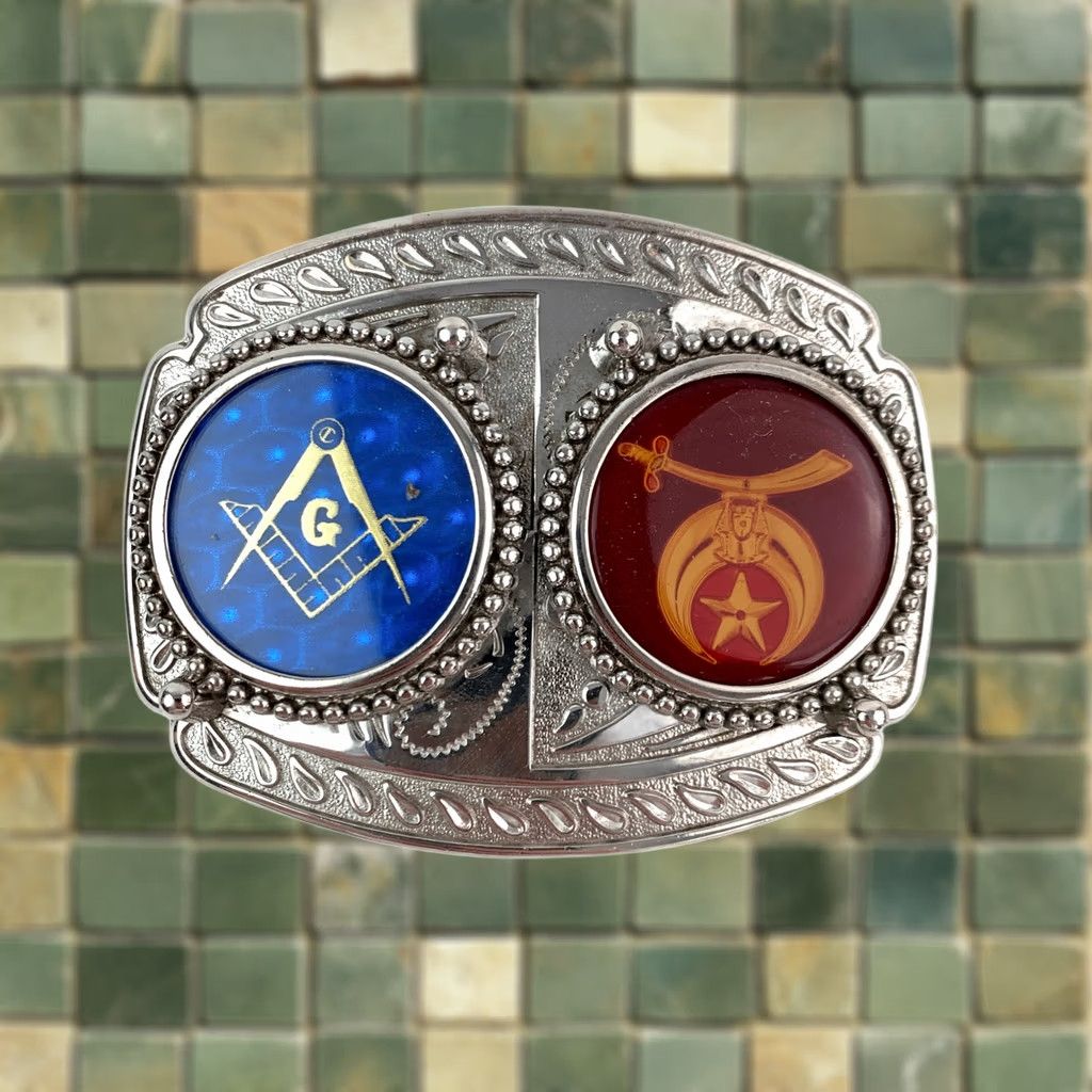 Vintage VINTAGE Masonic Shriners Belt Buckle Silver Blue Red Gold Fraternal Lodge Western Men, Belt Buckle, Silver-tone, Enamel, Fraternal, - Size ONE SIZE - 1 Thumbnail
