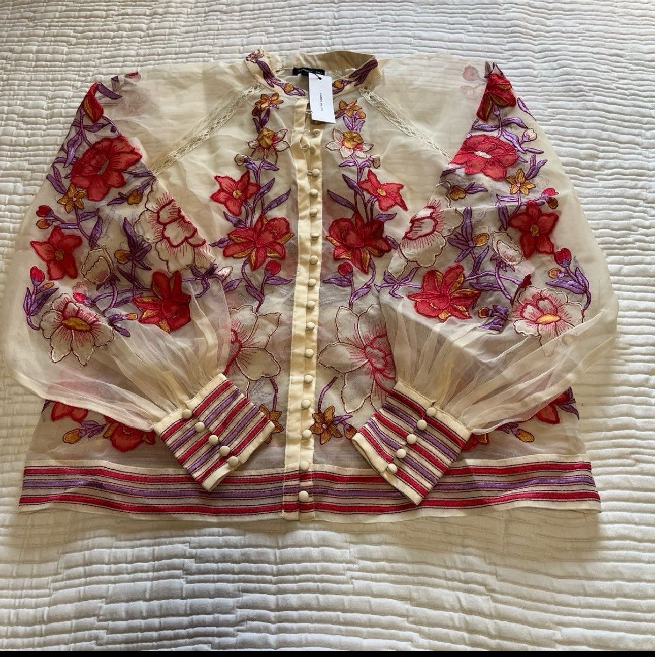 Karen Millen Floral Placed Embroidery Organdie Woven Blouse Size M / US 6-8 / IT 42-44 - 5 Thumbnail