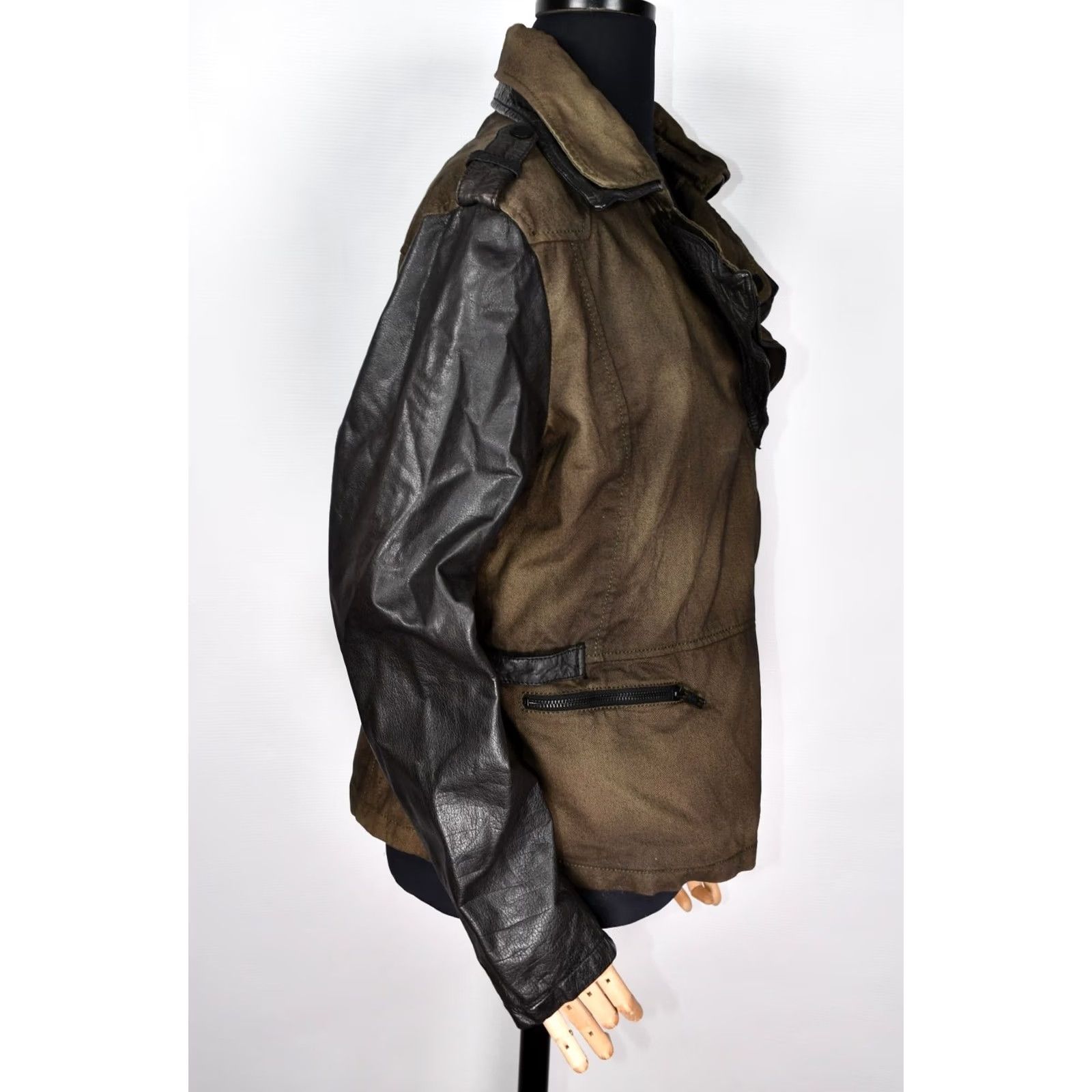 Vintage Rock’N Blue Jacket Women's XL Biker Green 100% Cotton / 100% Leather Long Sleeve Zip Military Inspired? Size XL / US 12-14 / IT 48-50 - 3 Thumbnail