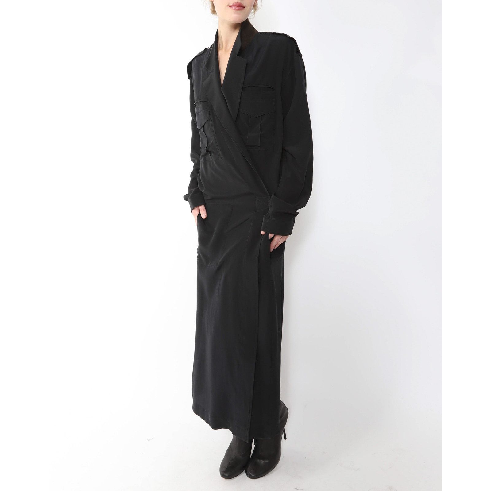 Haider Ackermann FW14 Kimono Dress with Military Details in Black Silk Size XS / US 0-2 / IT 36-38 - 3 Thumbnail