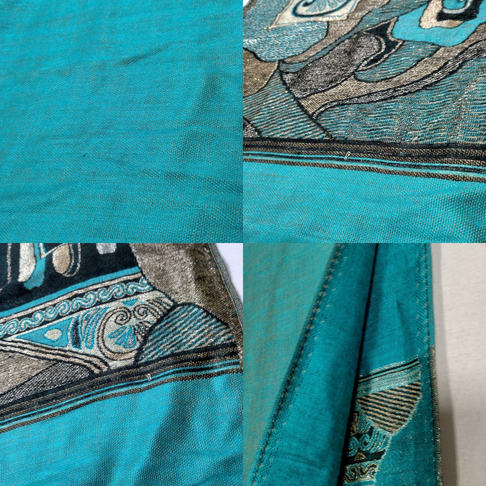 Vintage **Artsy Turquoise Blue Cashmere Scarf Woven Metallic Design Fringe** User: Artisan Turquoise Blue Cashmere Scarf Woven Metallic Design Fringe Size ONE SIZE - 10 Thumbnail