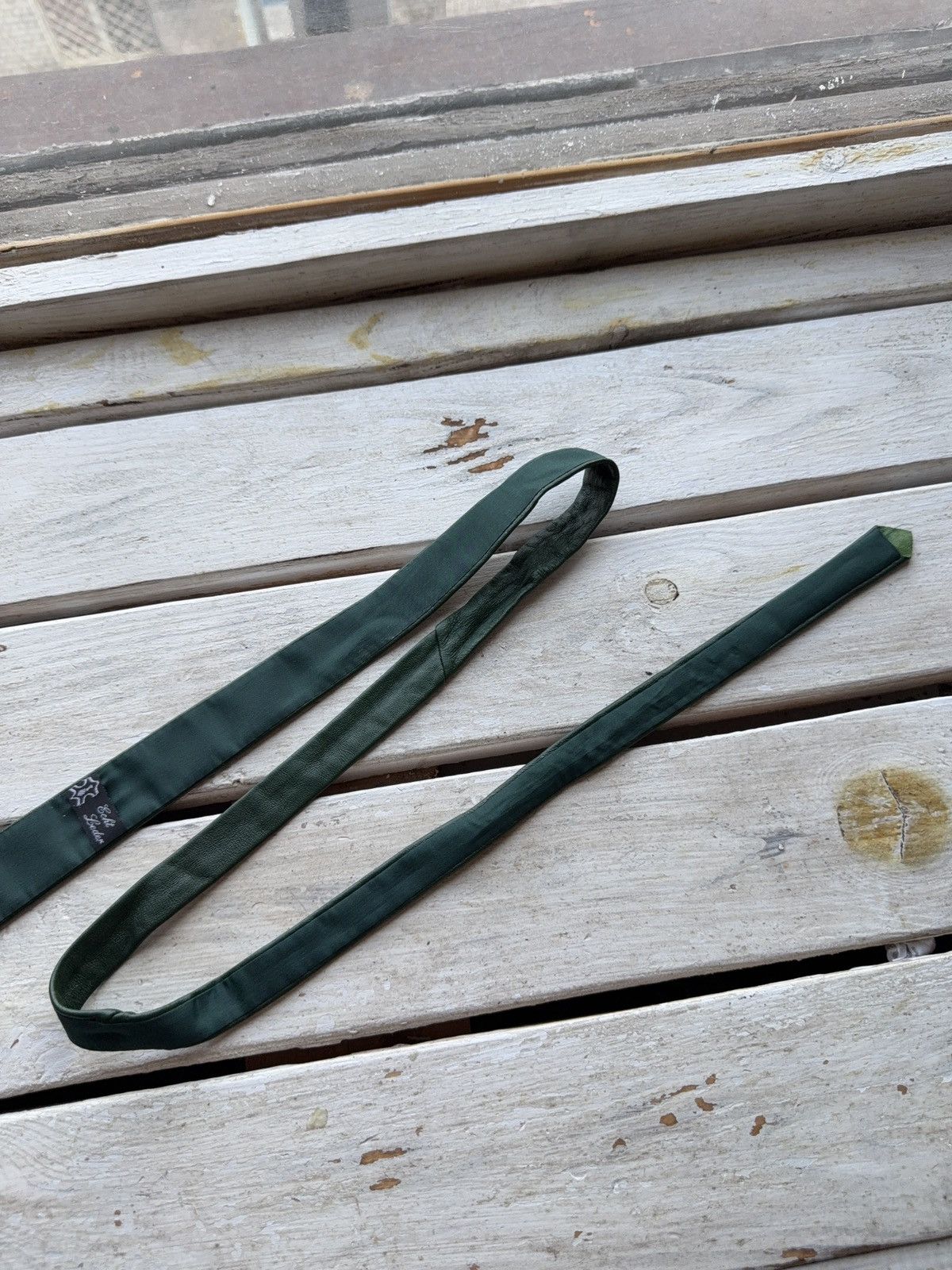 Genuine Leather × Vintage Vintage 80-90s Green Avant Garde Genuine Leather Tie Size ONE SIZE - 6 Thumbnail