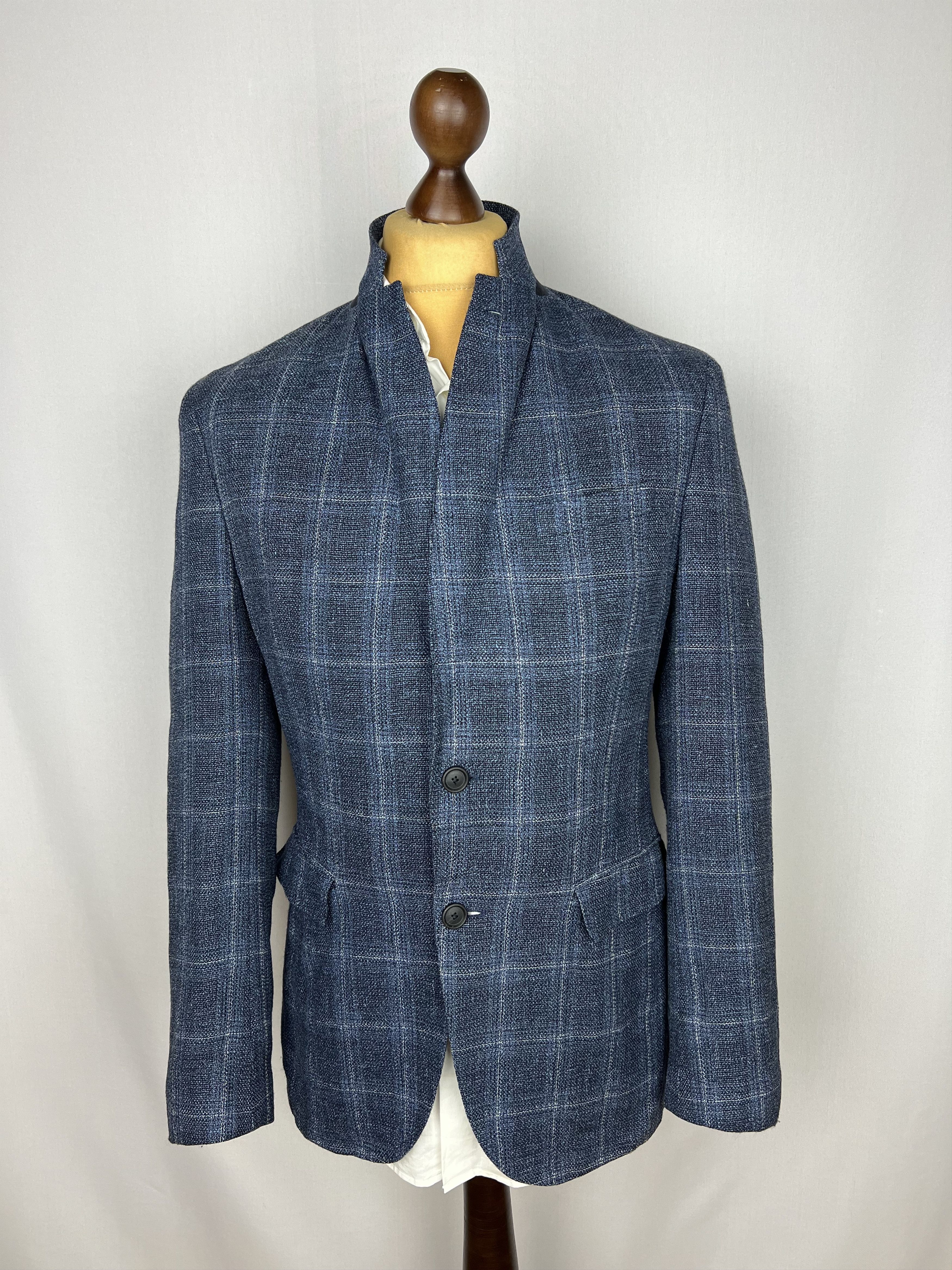 Hugo Boss Navy Windowpane Check Wool\Linen Sport Coat Size 40R - 2 Thumbnail