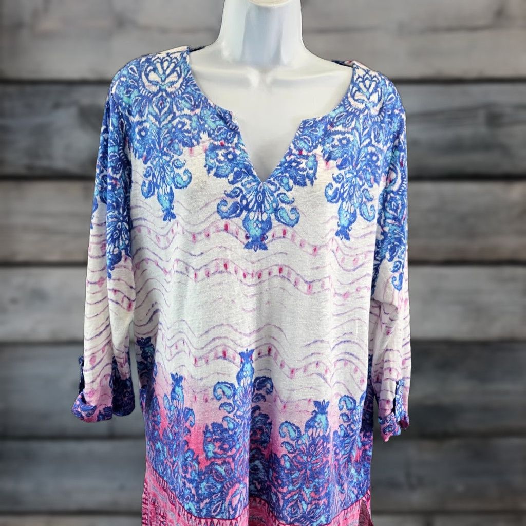 Vintage VINTAGE Chicos Womens Linen Top Sz Large Blue Pink 3/4 Sleeve Size L / US 10 / IT 46 - 1 Thumbnail