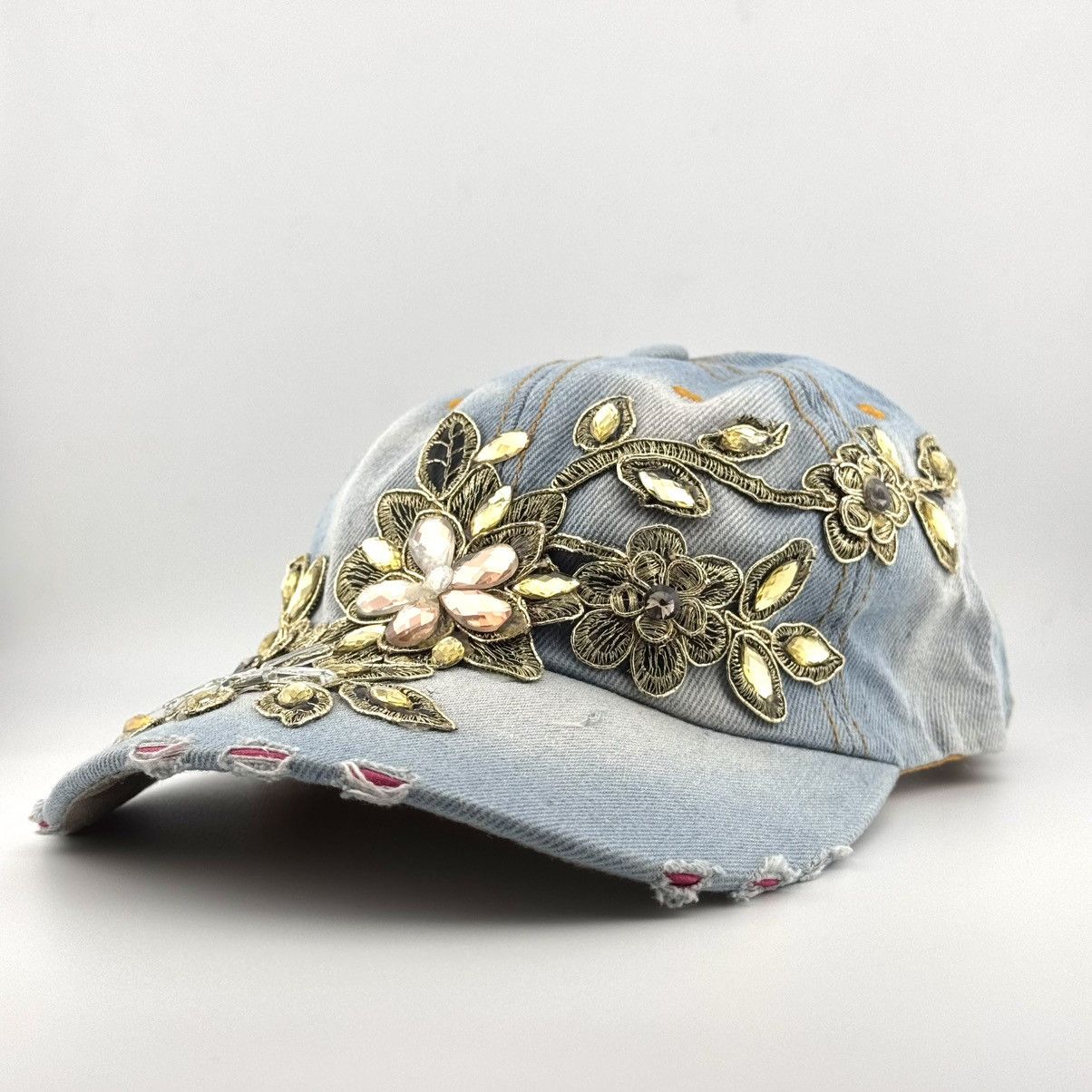 Japanese Brand Vtg Y2K Rhinestone Floral Denim Distressed Cap Size ONE SIZE - 4 Thumbnail