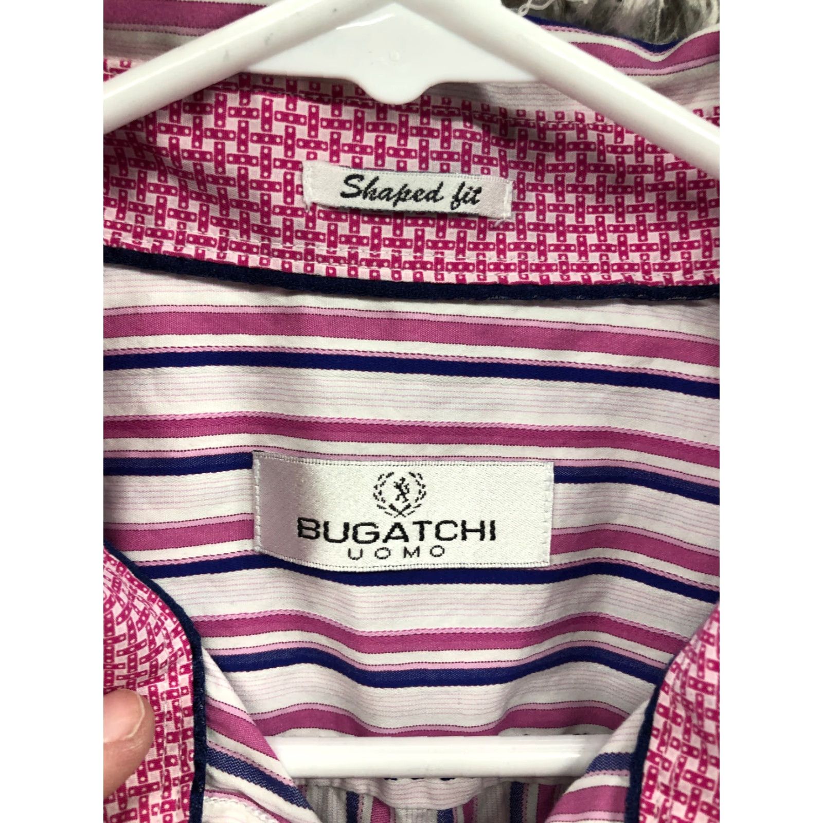 BUGATCHI Bugatchi Uomo Shirt XL Mens Long Sleeve Striped Pink Button-Up Collar Spread Collared Knit Polyester All Seasons Regular Casual Vintage No 90s? Size US XL / EU 56 / 4 - 6 Thumbnail