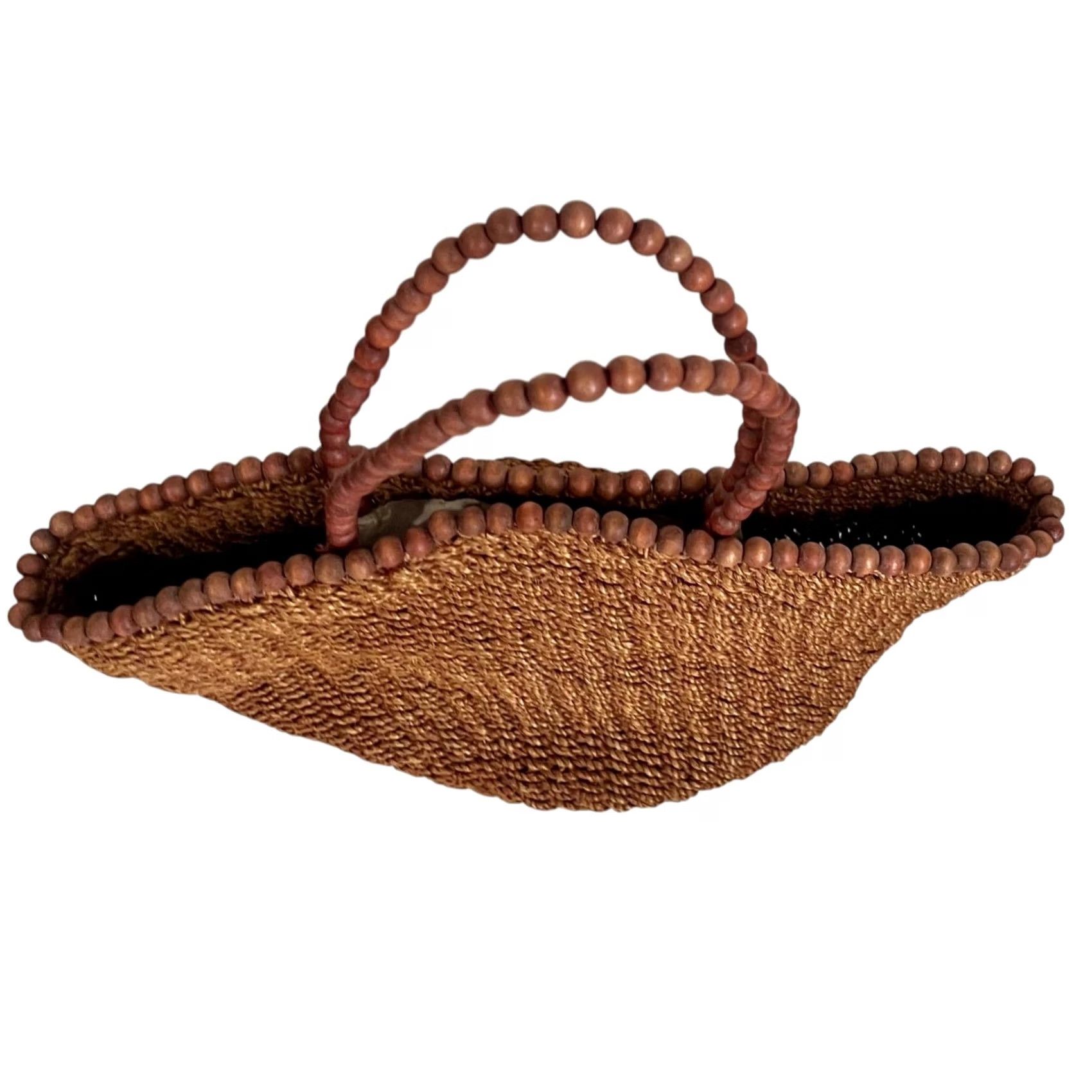 Vintage Straw Woven Tote Purse with Beaded Trim and Handle Brown Boho Summer Shopper Size ONE SIZE - 4 Thumbnail