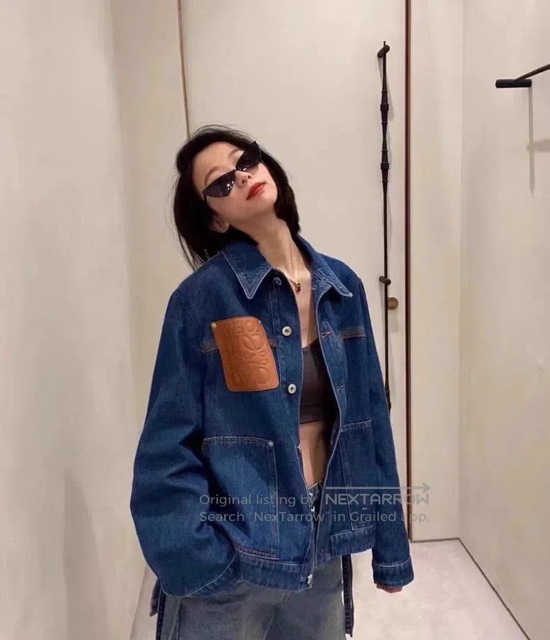 Loewe Logo Embossed Patchwork Denim Jacket with Front and