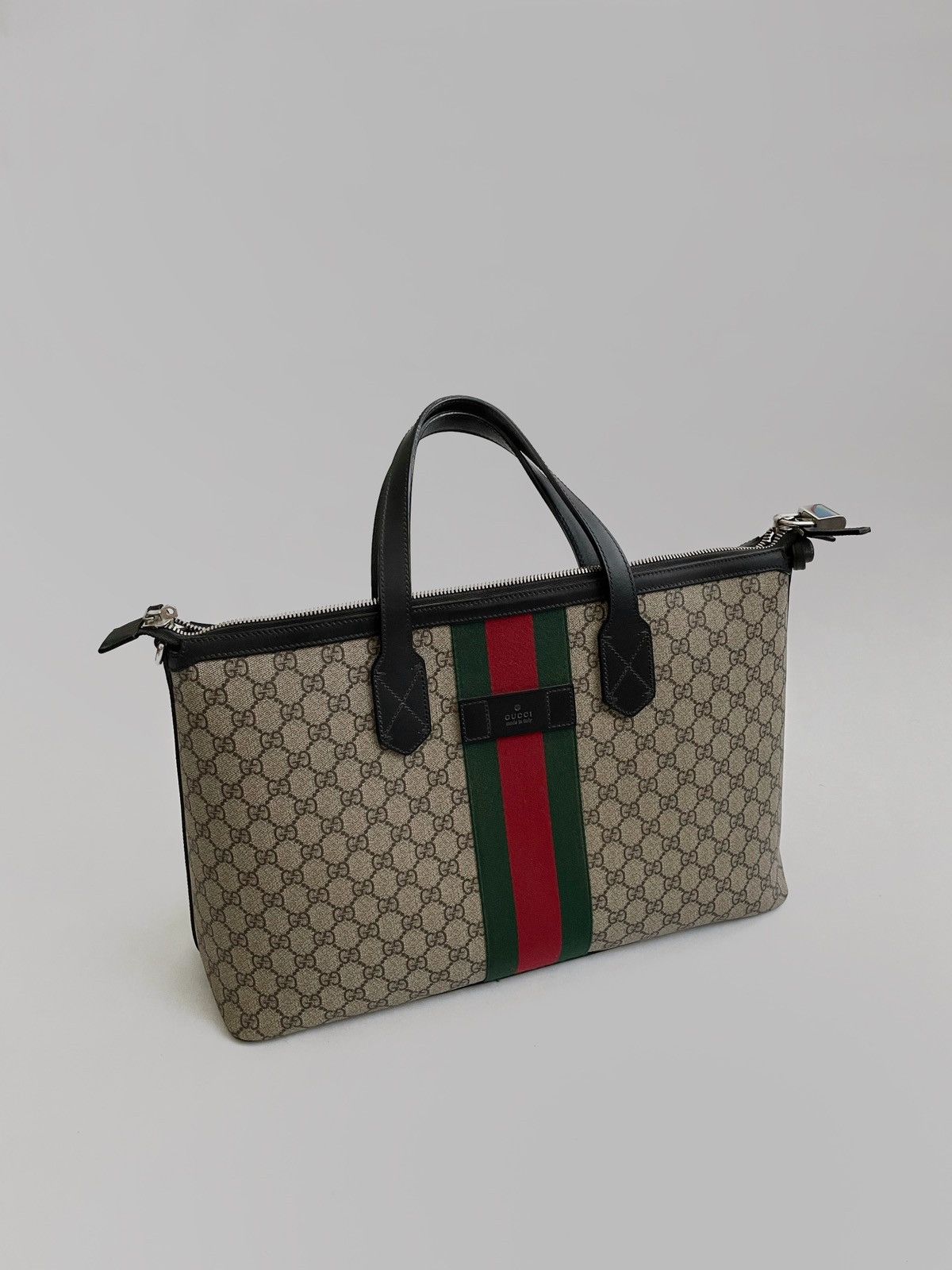 image of Gucci Monogram Web Duffle Weekender Bag in Beige, Women's