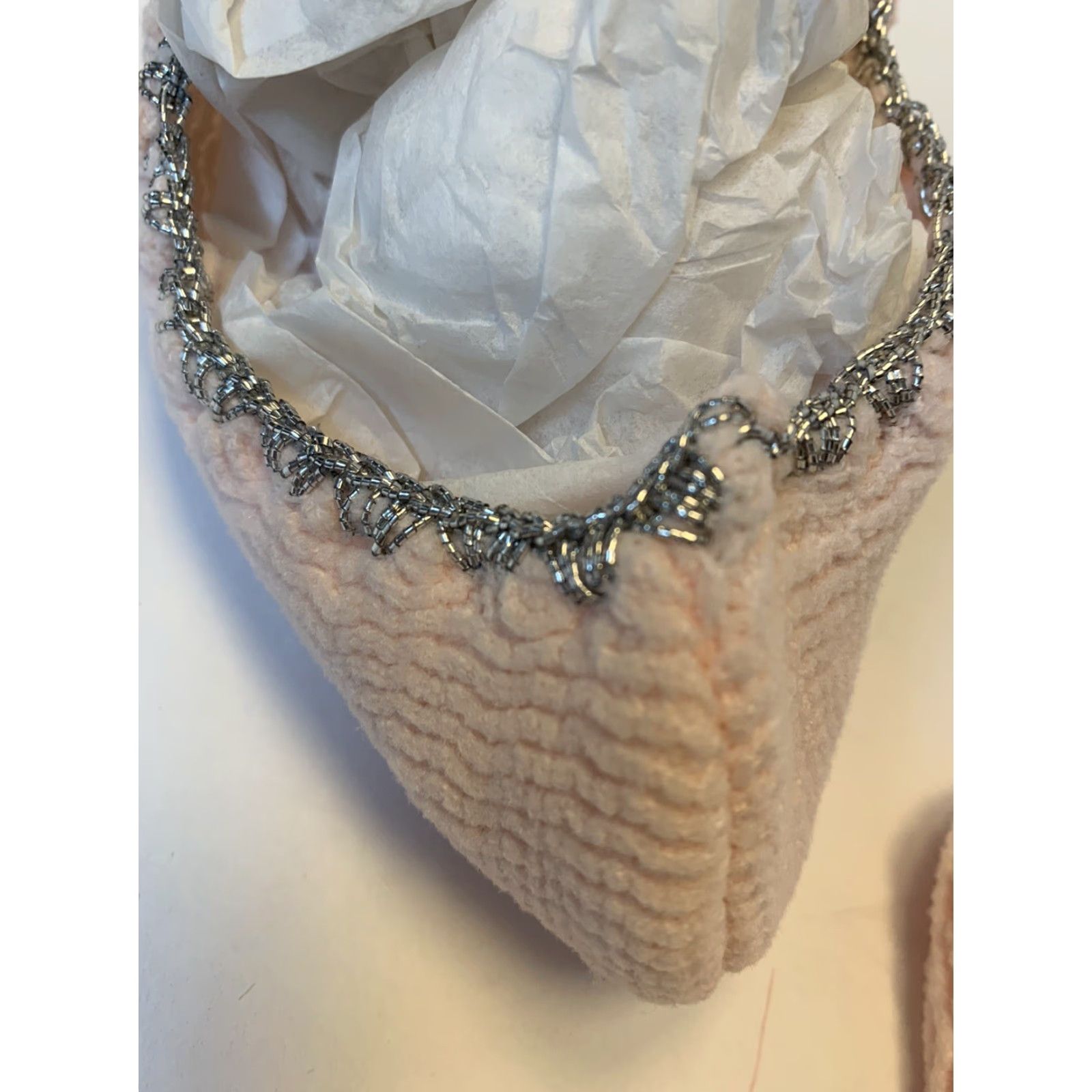Vintage VINTAGE Ladies Slippers Pink Nylon Knit Pearls Silver Thread Size ONE SIZE - 6 Thumbnail