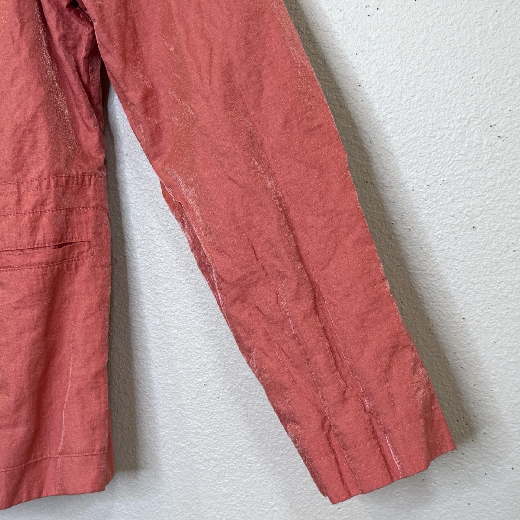 Vintage Chico’s Blazer Jacket Women’s 2 Metallic Orange Crinkle Long Sleeve Open Front Collared Pockets Short Length Business Casual Travel Size XS / US 0-2 / IT 36-38 - 4 Thumbnail