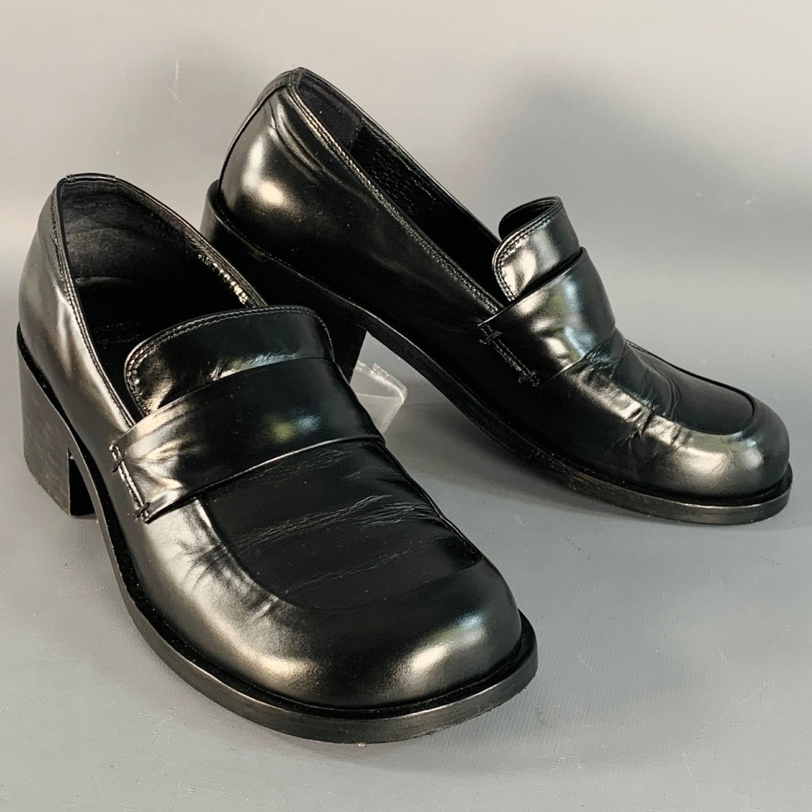AMOMENTO AMOMENTO Size 6 Black Leather Stacked Heel Penny Loafers Size US 6 / EU 39 - 1 Thumbnail