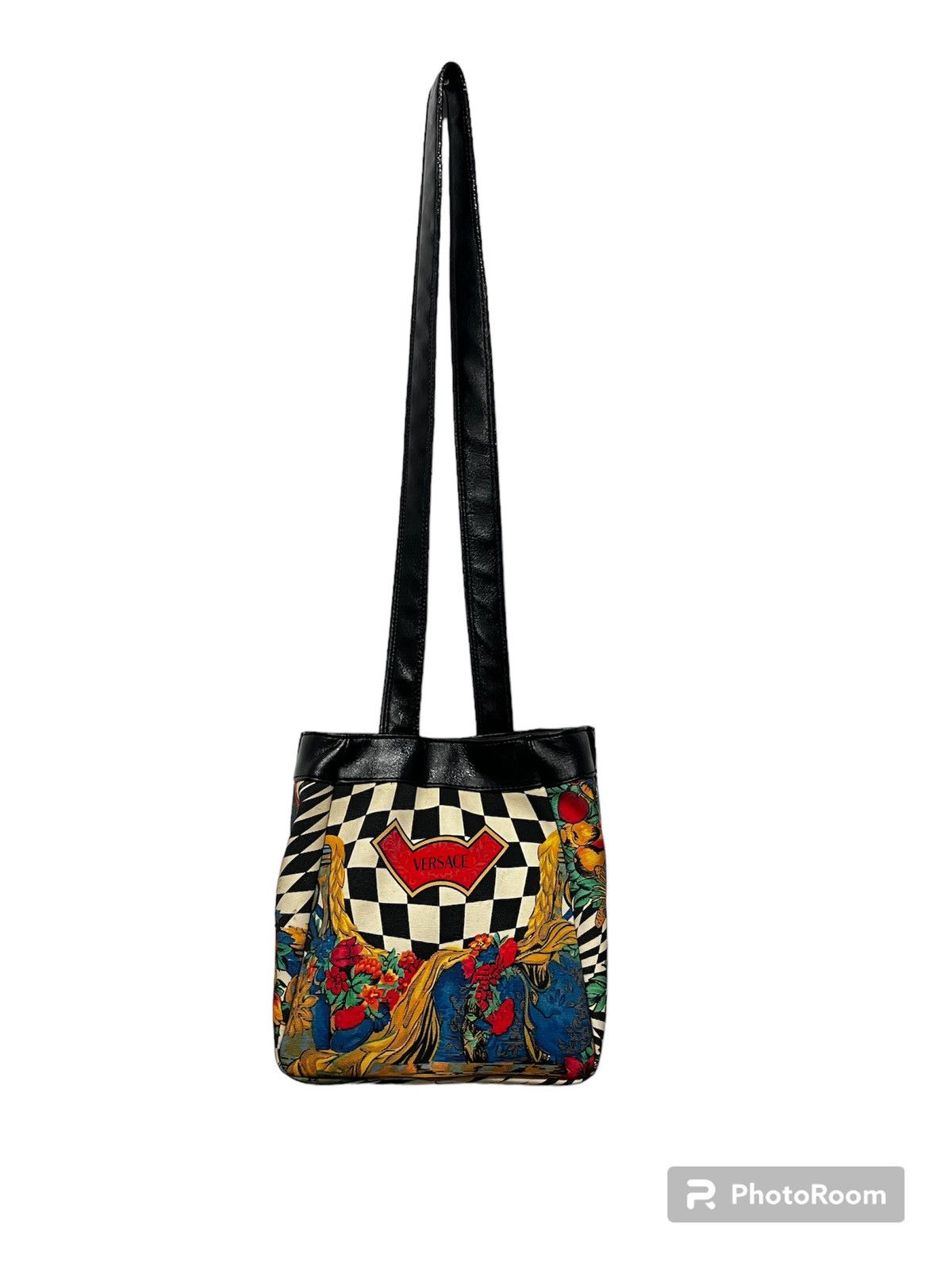 1980s Gianni Versace Checkered Flower Print Shoulder Bag