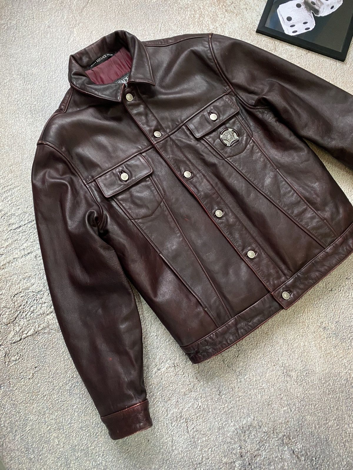 Versace × Vintage RARE Vintage leather jacket Versace back big logo Size US M / EU 48-50 / 2 - 8 Thumbnail