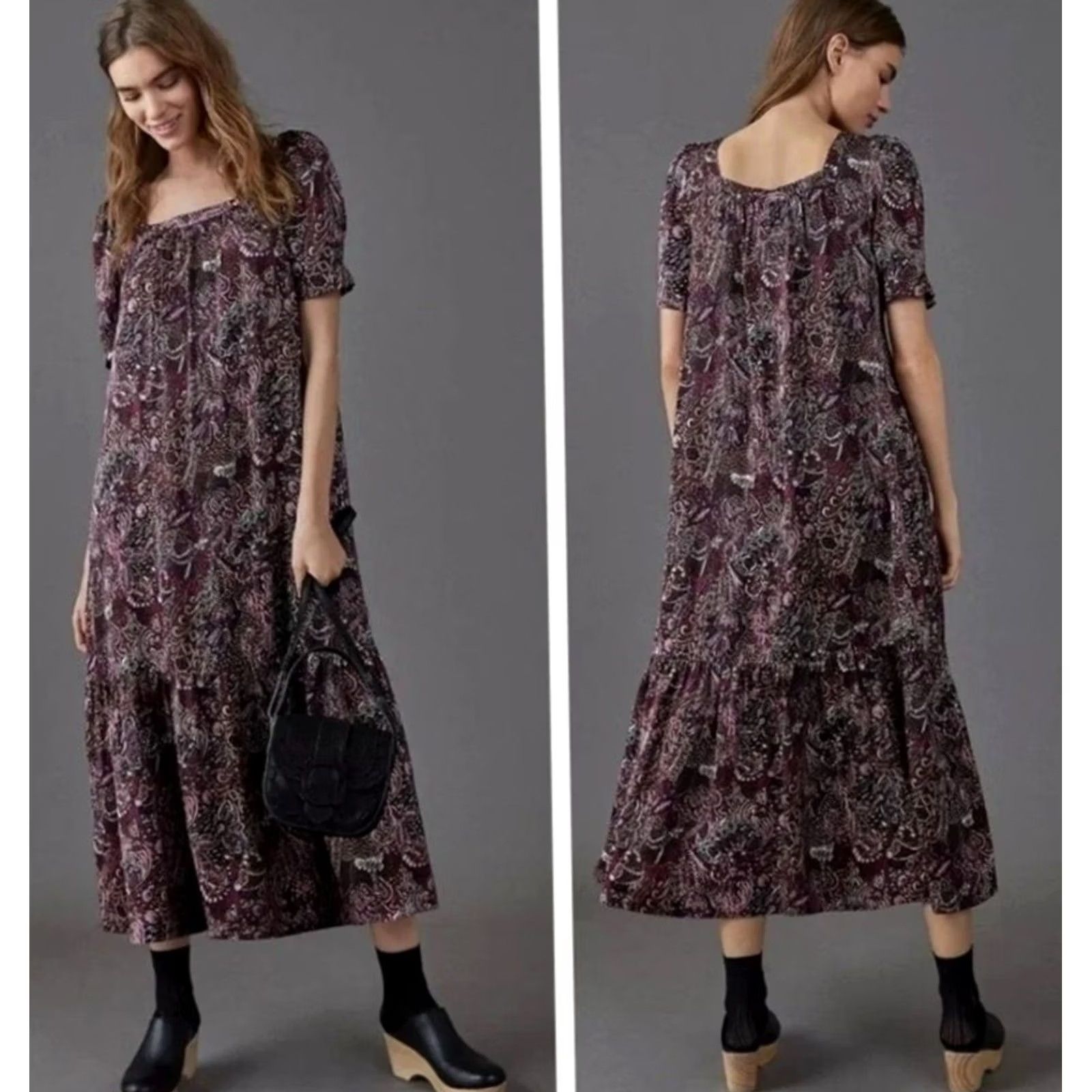 Anthropologie Maeve Lisabetta Purple Paisley Satin Midi Dress Square Neck Puffed Sleeve Sz S Size S / US 4 / IT 40 - 4 Thumbnail