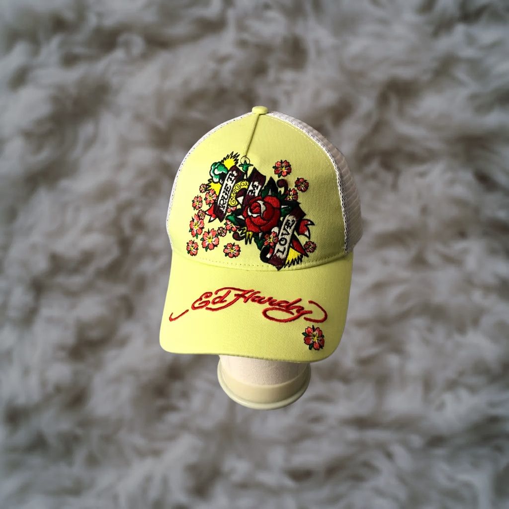 Ed Hardy Ed Hardy Men's Trucker Cap Yellow Cotton Adjustable Embroidered Floral Love Hat OSFA Size ONE SIZE - 1 Thumbnail