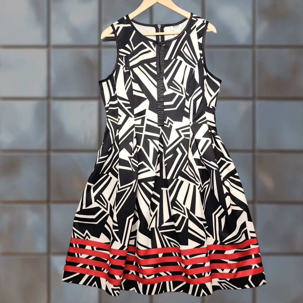 Vintage Monroe & Main Dress Womens 16 Black White Geometric Fit Flare Sleeveless Red Hem Midi Plus Women Size XXL / US 16-18 / IT 52-54 - 1 Thumbnail