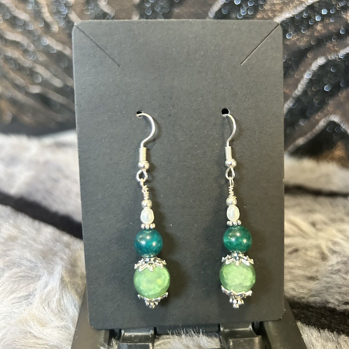 Handmade Handcrafted green crackle glass dragon vein agate earrings Size ONE SIZE - 2 Thumbnail
