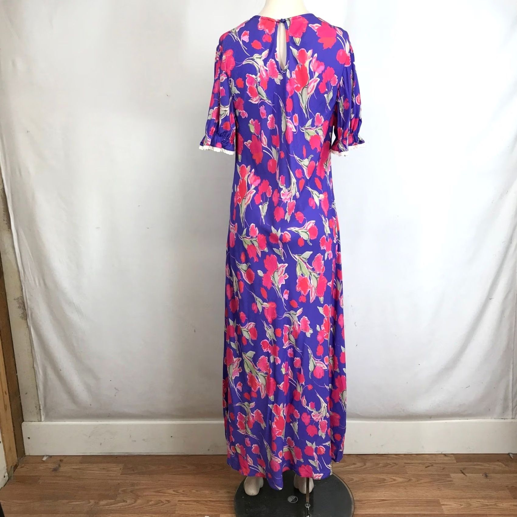 RIXO Rixo Floral Maxi Dress Purple Pink Short Sleeve Lace Trim Size L Dress Length Long Womens Size 36" / US 14 / IT 50 - 5 Thumbnail