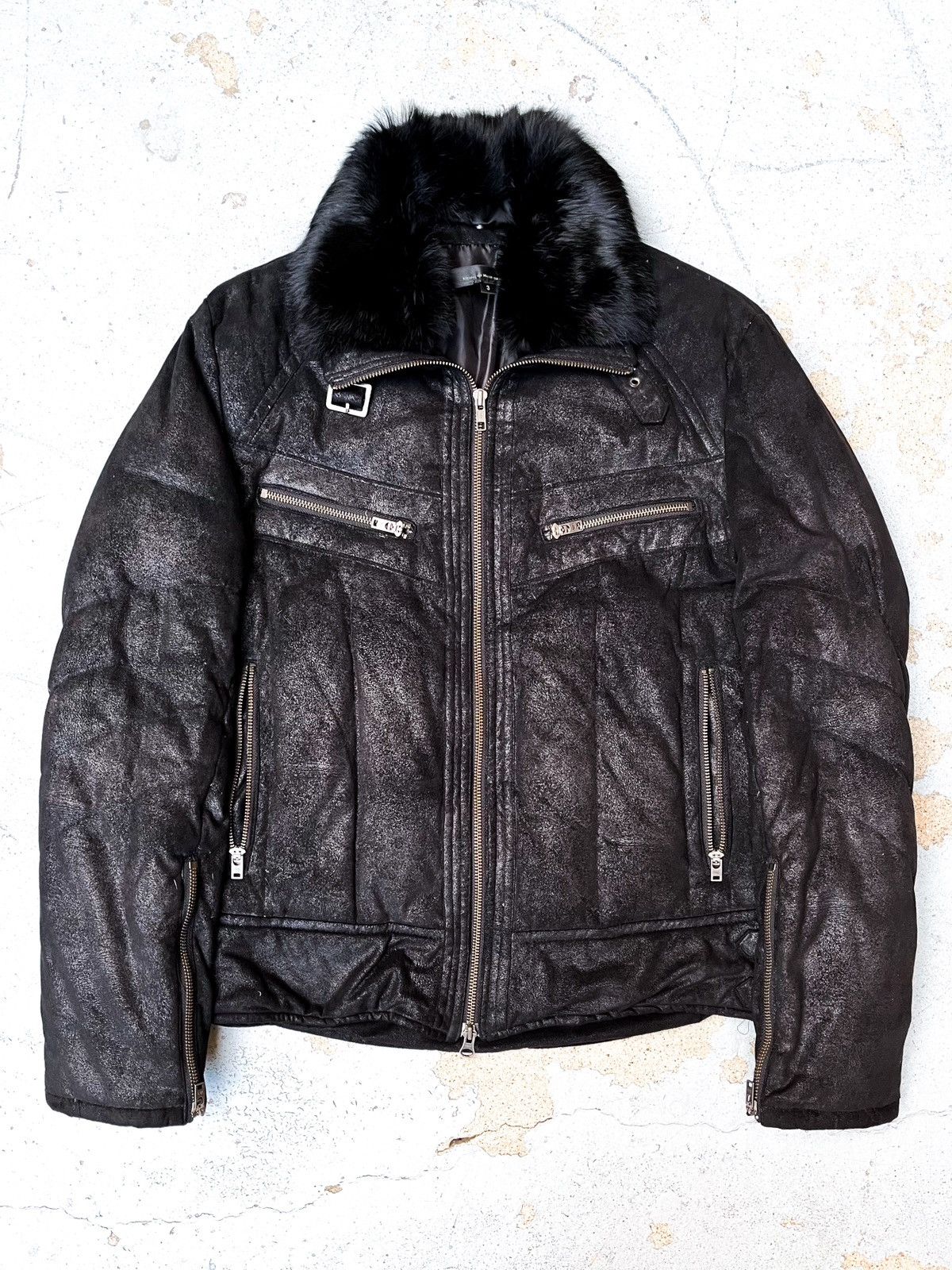 image of Le Grande Bleu L G B x Schlussel Blistered Faux Leather Puffer With Faux Fur Collar in Black (Size 