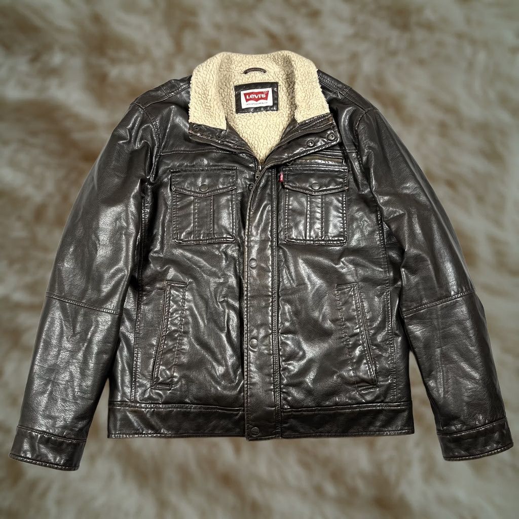 Vintage VINTAGE Levis Jacket Mens Brown Faux Leather Sherpa Lined Full Zip Coat Medium Size US M / EU 48-50 / 2 - 1 Thumbnail