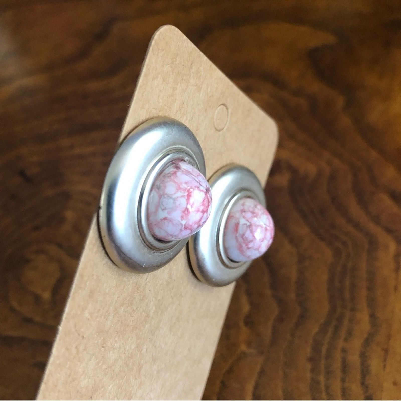 Jewelry Pink marble cabochon matte silver pierced earrings Size ONE SIZE - 2 Thumbnail
