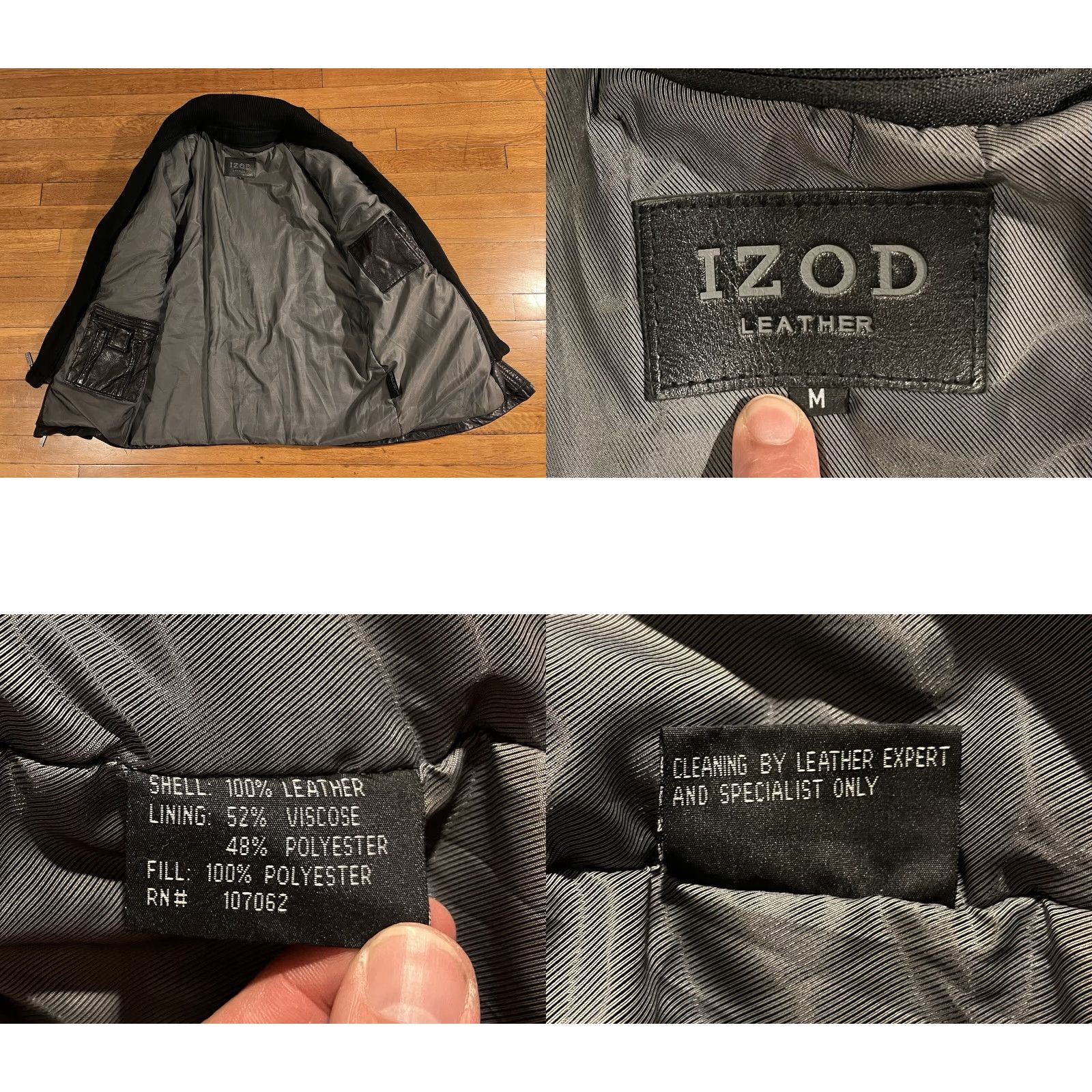 VINTAGE IZOD Leather Bomber Jacket Men’s M Black Zip-In Knit Collar