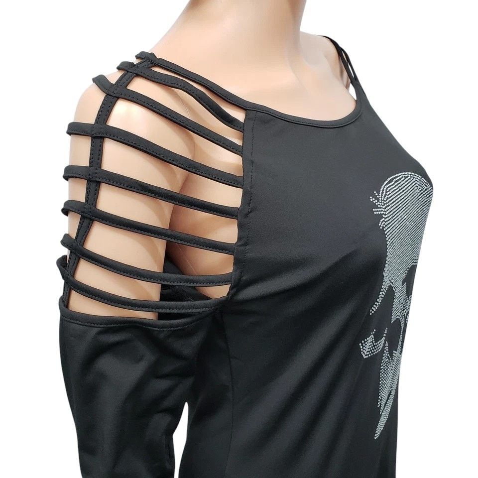 Other CBR Rhinestone Studded Skull Strappy Cold Shoulder Top S/M Size ONE SIZE - 8 Thumbnail