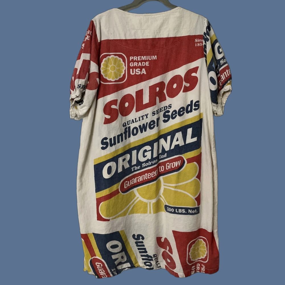 Junk Shop Grain Sack Solros Sunflower Seeds Dress L Shirt Multi-Color Rooster Chicken Cottagecore Hippy 1970s Americana Folk Art Vintage United States