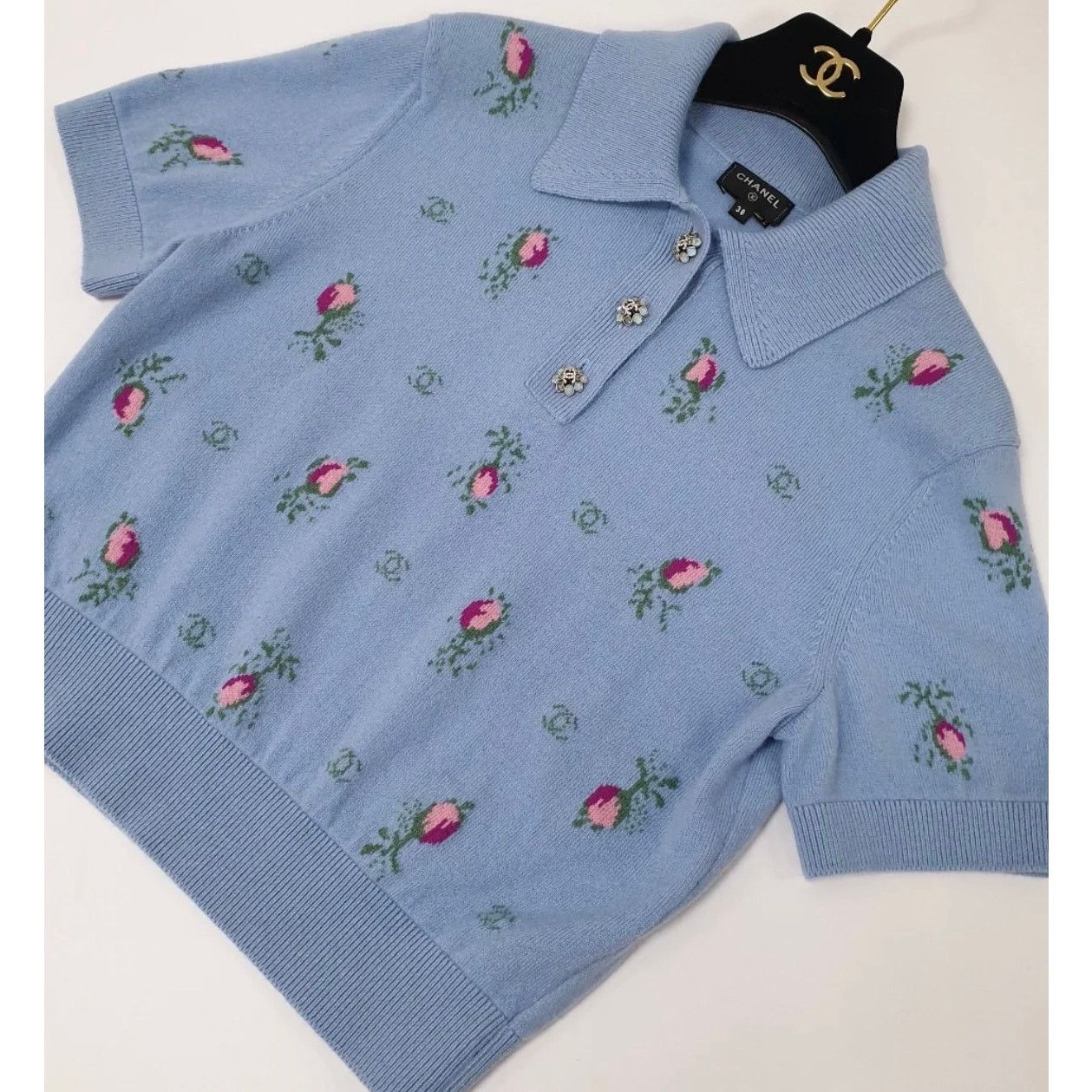 Chanel CHANEL Light Blue Floral Cashmere Knit Polo Top Sz. 38 Size S / US 4 / IT 40 - 1 Thumbnail