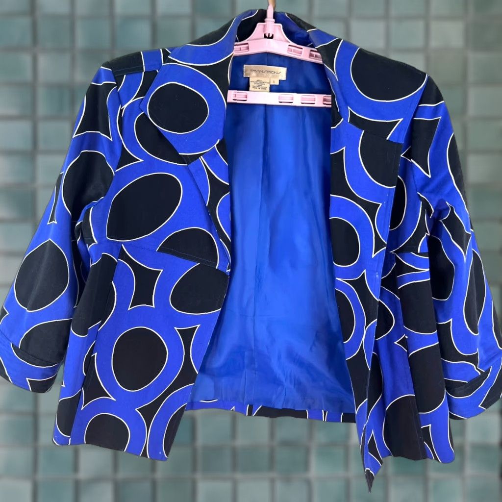 Vintage VINTAGE Transitions Womens Blazer Jacket 3/4 Sleeve Open Blue Black L Geometric Casual Size L / US 10 / IT 46 - 1 Thumbnail