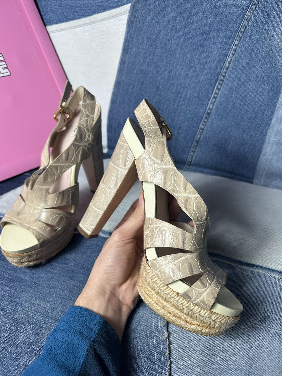 Miu Miu Miu Miu Sandals Open Toe Heels Strappy Platform Beige Size US 8 / IT 38 - 12 Thumbnail