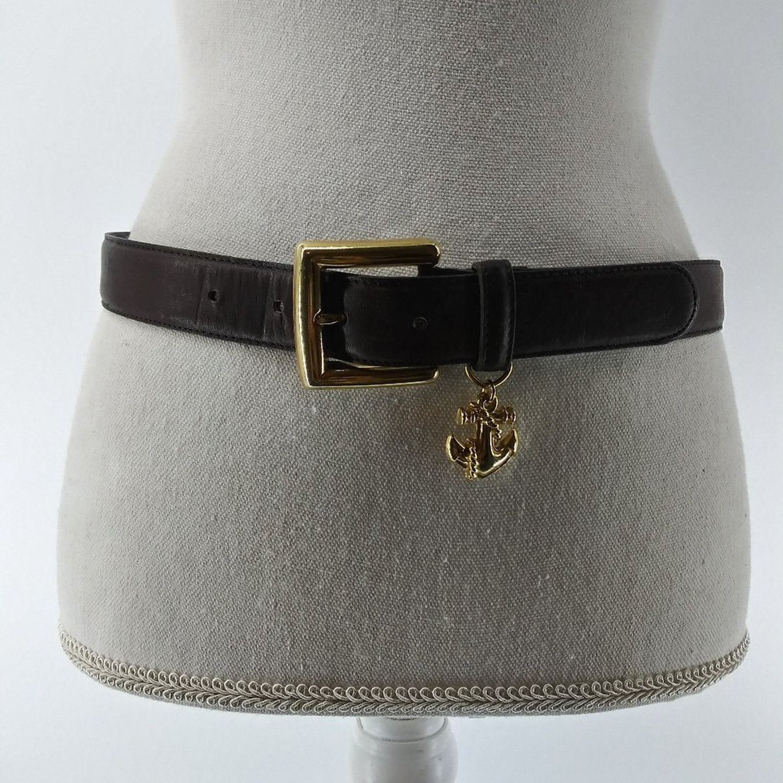 Vintage Women's Brown leather Belt Gold Buckle Anchor Nautical M L Size ONE SIZE - 12 Thumbnail
