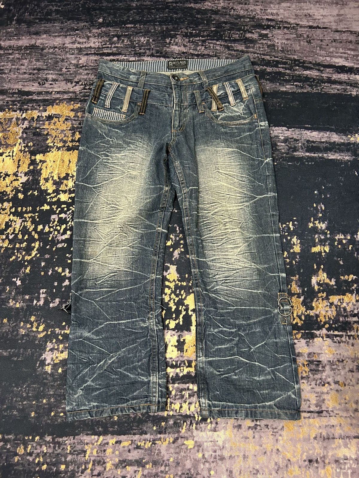Japanese Brand NYLAUS Doublle Waist Mud Claw Mark Cropped Jeans Size US 31 - 3 Thumbnail