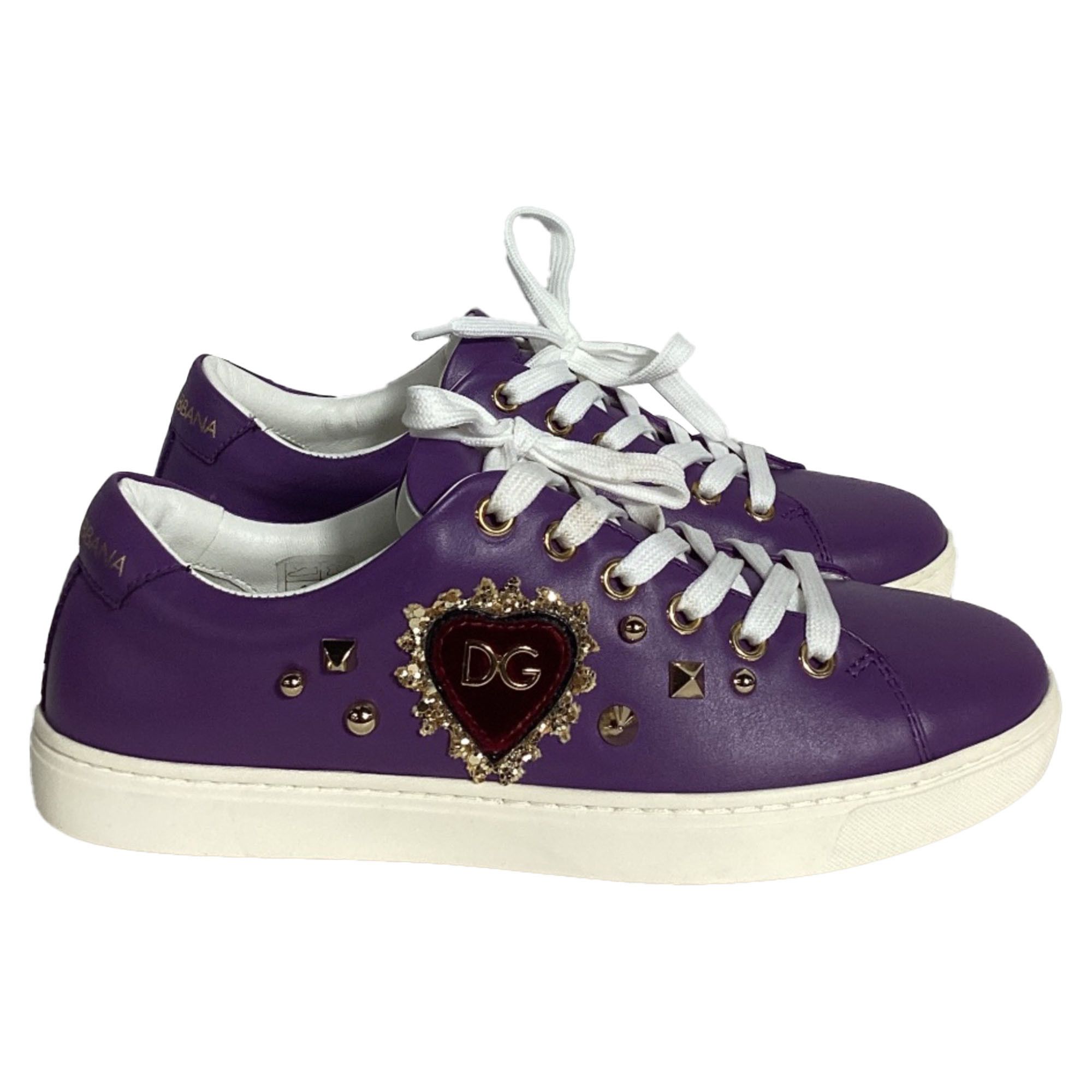 Dolce & Gabbana Dolce and Gabbana Sacred Heart Sneakers in Purple Leather Size US 6 / IT 36 - 1 Thumbnail