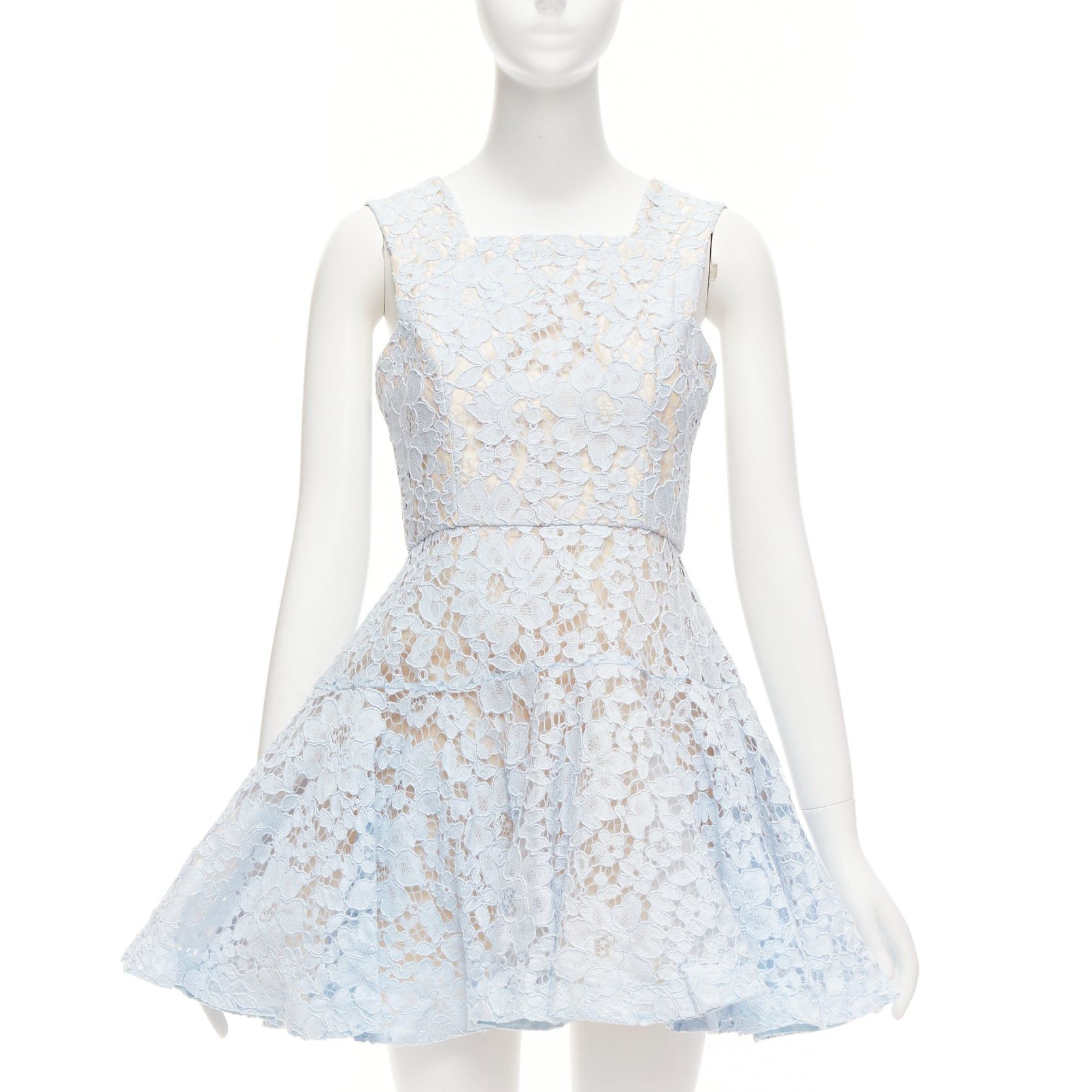 Alex Perry ALEX PERRY Kea powder blue lace full tulle fit flared dress UK8 S Size S / US 4 / IT 40 - 1 Thumbnail